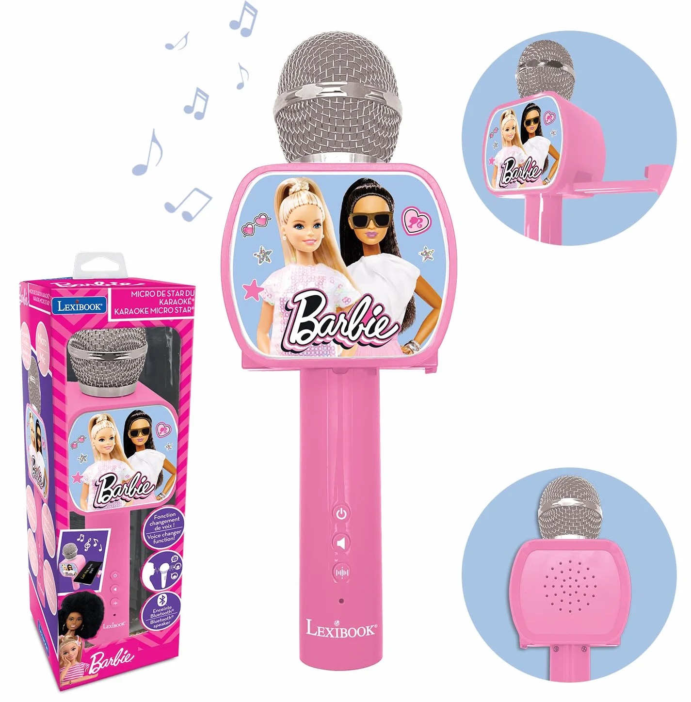Lexibook Barbie, Mikrofon Bluetooth z Funkcją Zmiany Głosu, Uchwyt na Telefon w Zestawie, Wbudowany Głośnik, Różowy, MIC240BB, Jeden Rozmiar