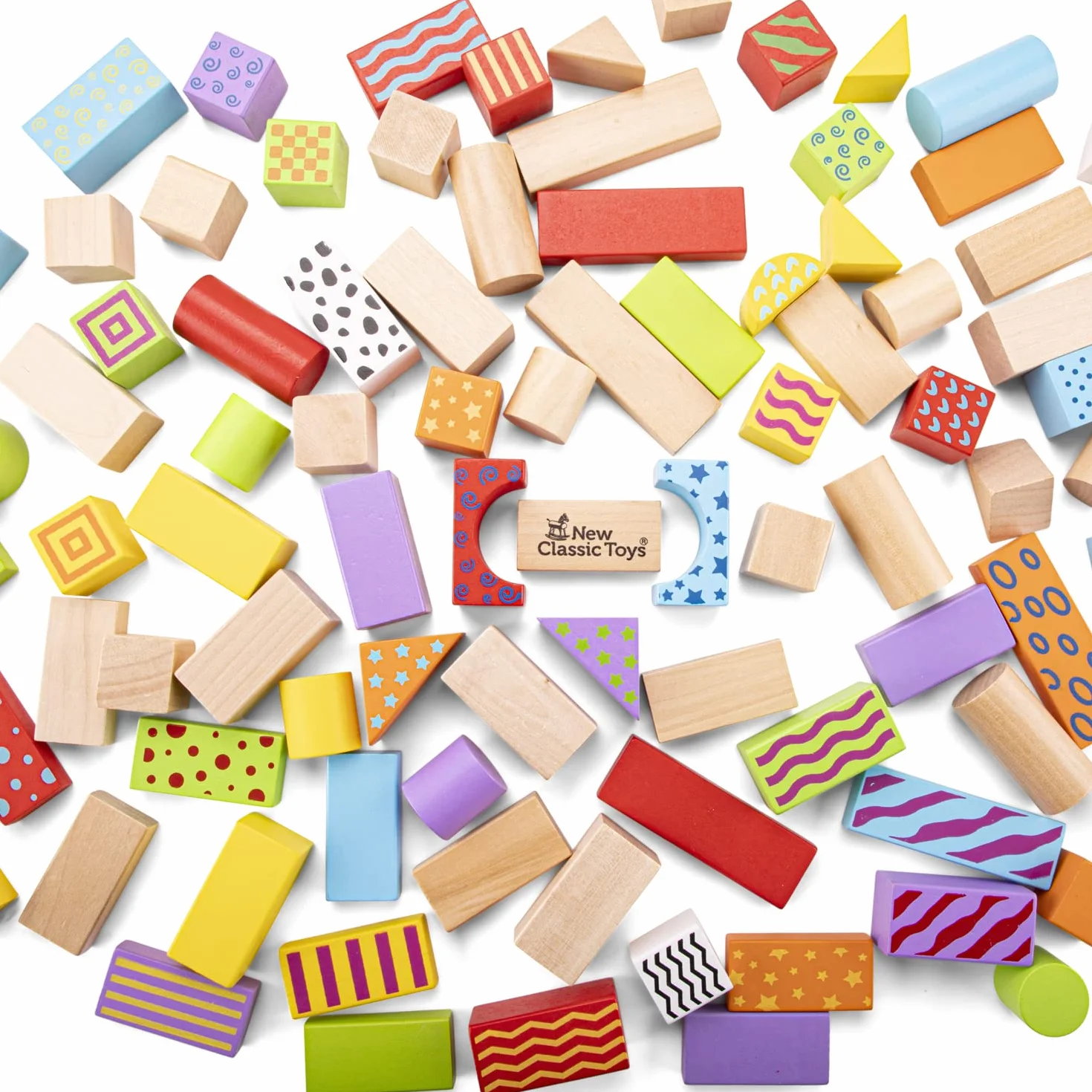 New Classic Toys 10813 drewniane klocki fantasy w bębnie edukacyjna zabawka percepcyjna dla dzieci w wieku przedszkolnym chłopcy dziewczęta 100 sztuk kolorowe