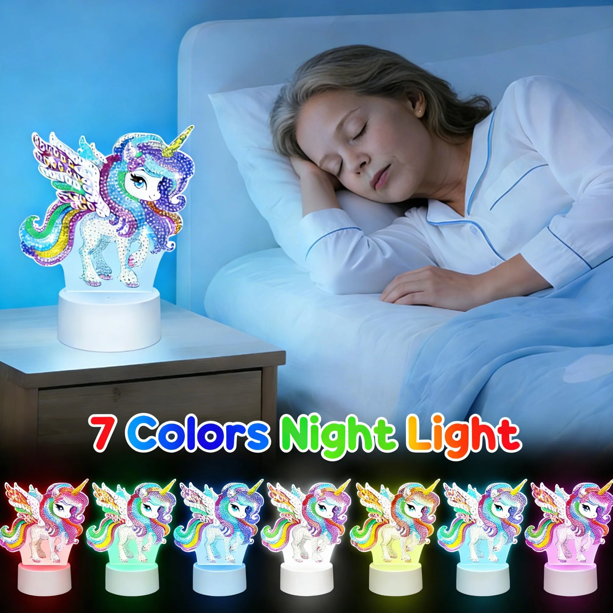 Zoyomax Lampka nocna do malowania diamentowego dla dorosłych, kreatywna lampa do malowania diamentami 3D, jednorożec, prezent na Boże Narodzenie