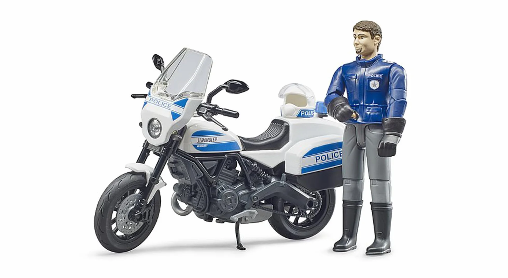 bruder 62731 - Bworld Scrambler Ducati Motorbike Police & Policeman - 1:16 Funkcjonariusz, Pojazd interwencyjny, Stanowisko dowodzenia, Posterunek policji, Zabawka