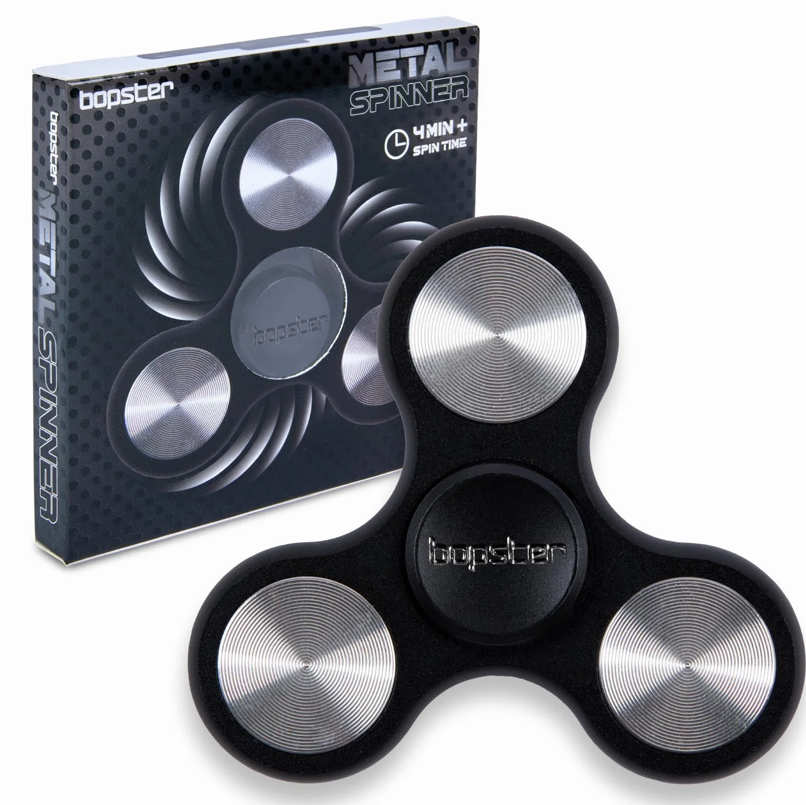 bopster Metalowy spinner, ręczny spinner, Tri-Fidget, dla dzieci i dorosłych, czas wirowania 4+ minut, 73 g, gładka zabawka biurkowa do radzenia sobie ze stresem, koncentracji, kolor czarny