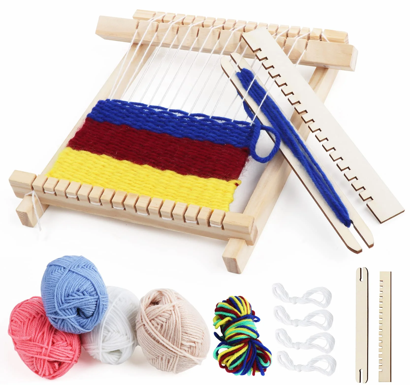 Zestaw do tkania dla dzieci - DIY drewniany ram tkacki 22 x 17 cm z kolorową wełną i akcesoriami - Idealny dla początkujących