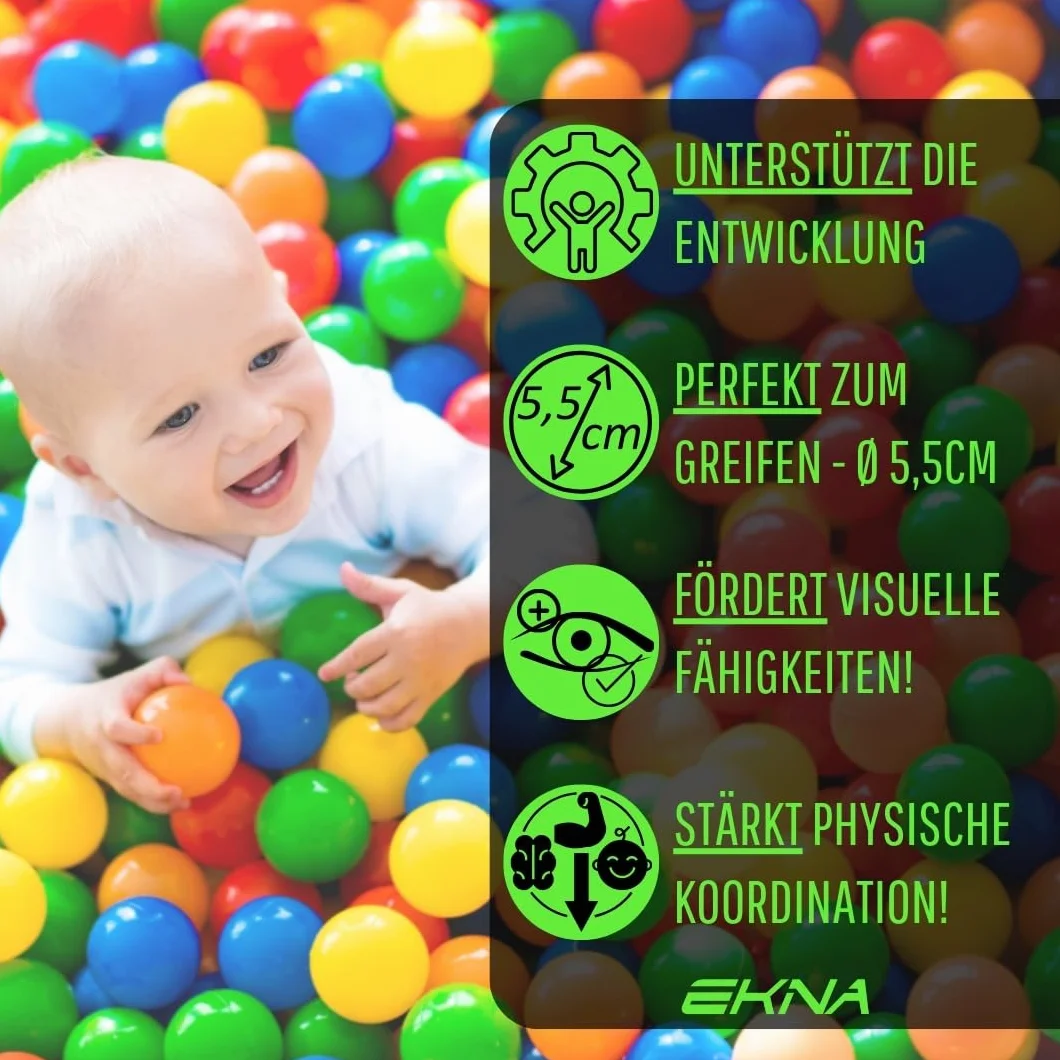 EKNA Spielbälle Ø 5cm - Bällebad Bälle 200 Stück - Bunte Auswahl für Bällebad-Pool - Plastikbälle Baby-Bälle Farben Hellgrün Hellblau Gelb Rosa Weiß Lila