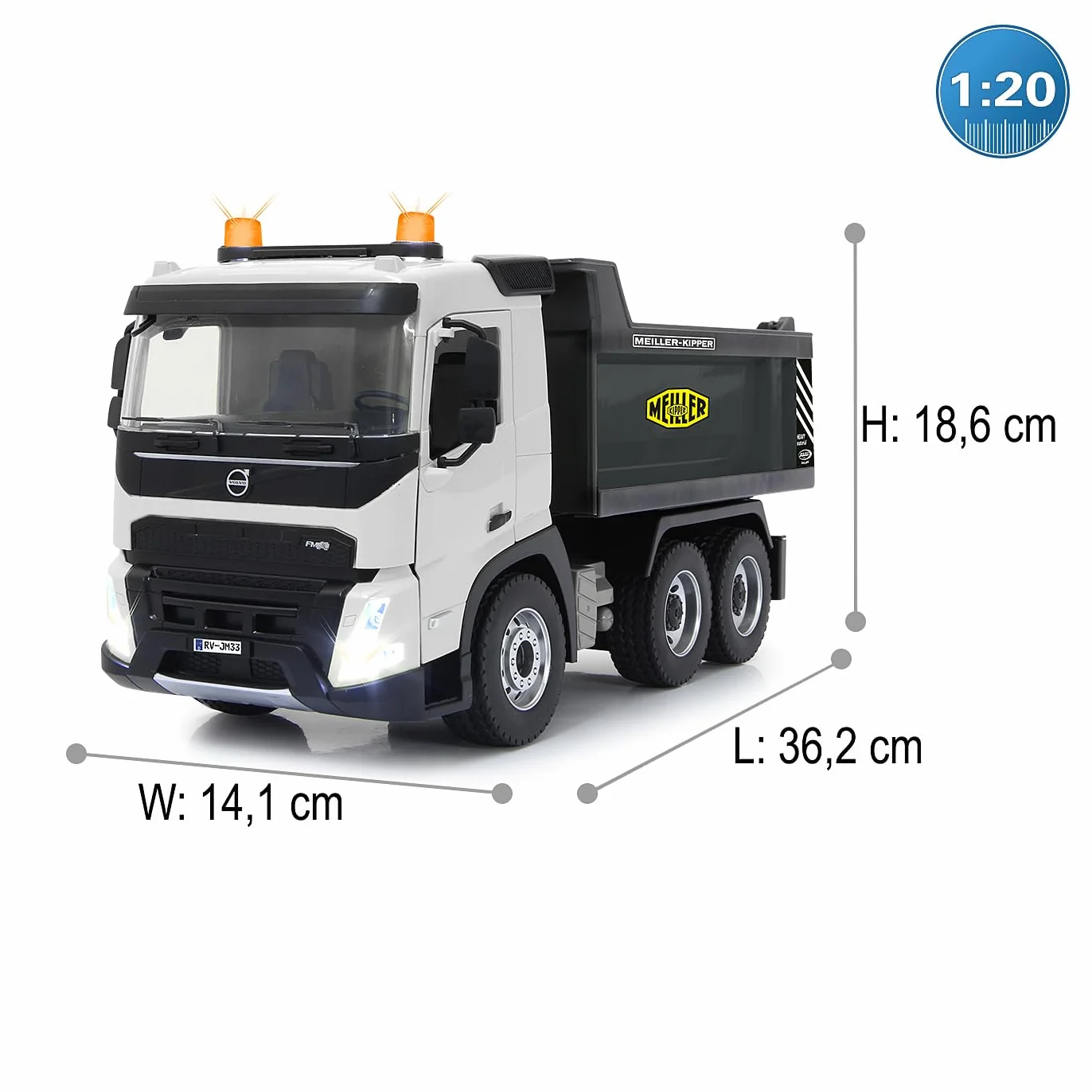 JAMARA Wywrotka Volvo FMX Meiller 1:20 2,4 GHz – oficjalnie licencjonowana, dźwięk ostrzegawczy cofania, profilowane gumowe opony, światło LED, wgłębienie uchylne w górę/w dół, pojazd budowlany
