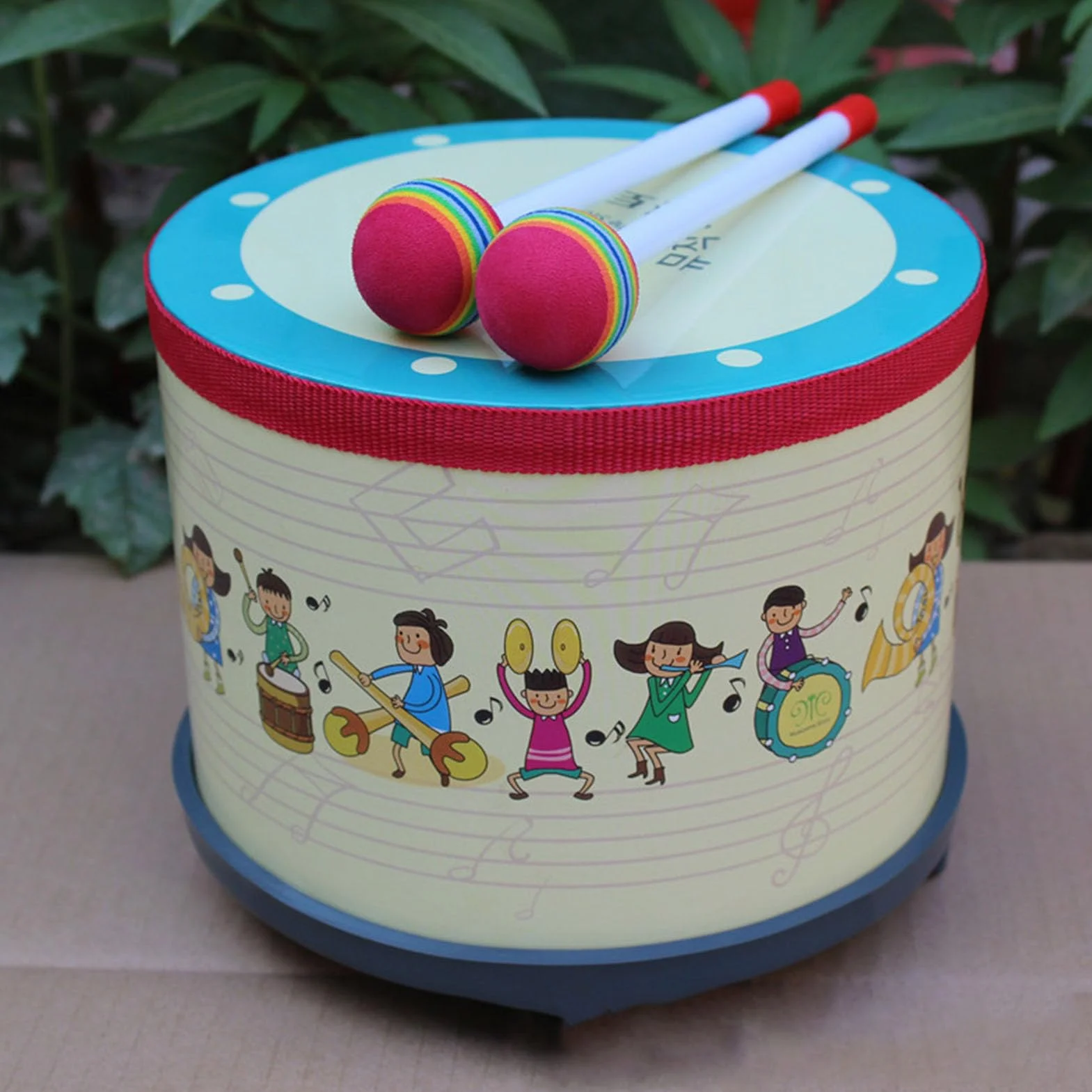 Drewniany Bęben dla Dzieci z Nadrukiem Kreskówkowym, Werbel do Wczesnej Edukacji