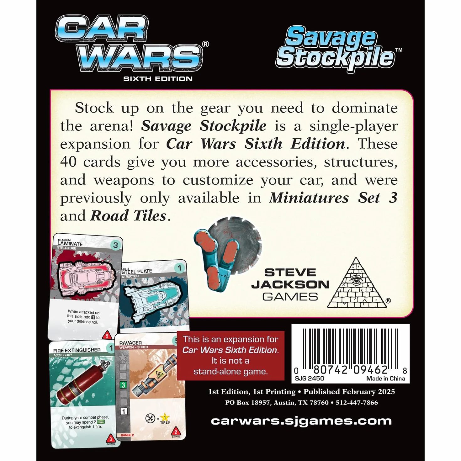 Steve Jackson Games | Car Wars Sixth Edition: Savage Stockpile Expansion | 40-Card Accessory Pack with Weapons, Structures & Gear – Customize Your Car for Arena Combat