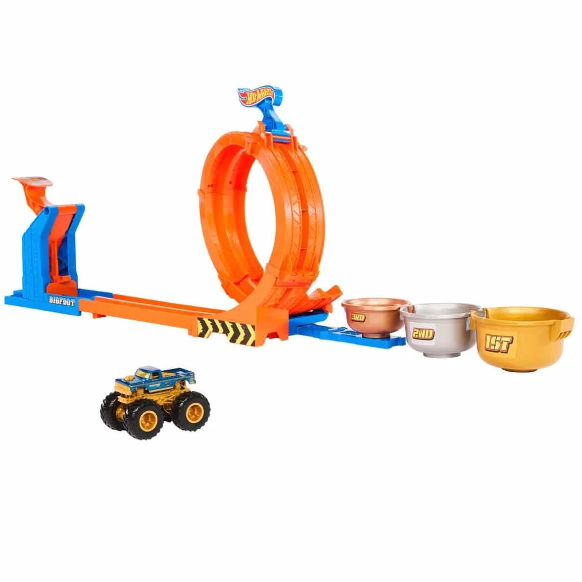 Hot Wheels Monster Trucks Bigfoot 50 rocznica Pętla Skok po trofeum Zestaw do zabawy, pętla, tor samochodowy, 1 metalowy pojazd Bigfoot w skali 1:64 na 50 rocznicę, 2 sposoby zabawy, JBX64