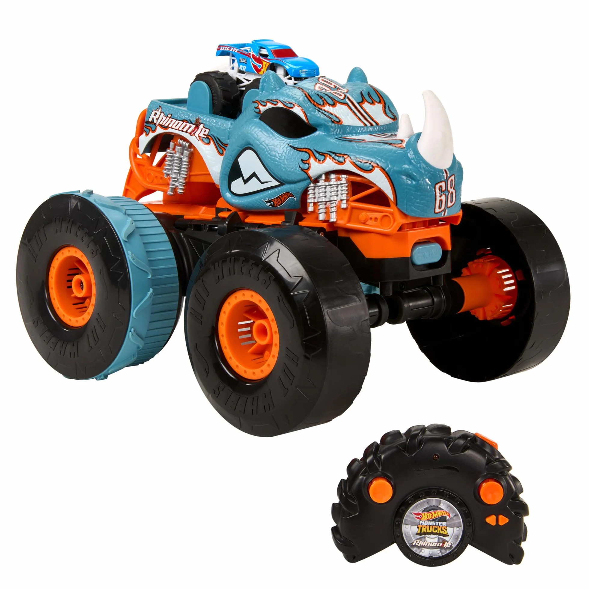 Hot Wheels Monster Trucks R/C Rhinomite Mega Transformacja Pojazd zdalnie sterowany 1:12 + pojazd Race Ace w skali 1:64, transformacja w wyrzutnię, łączy się z pomarańczowym torem, HPK27