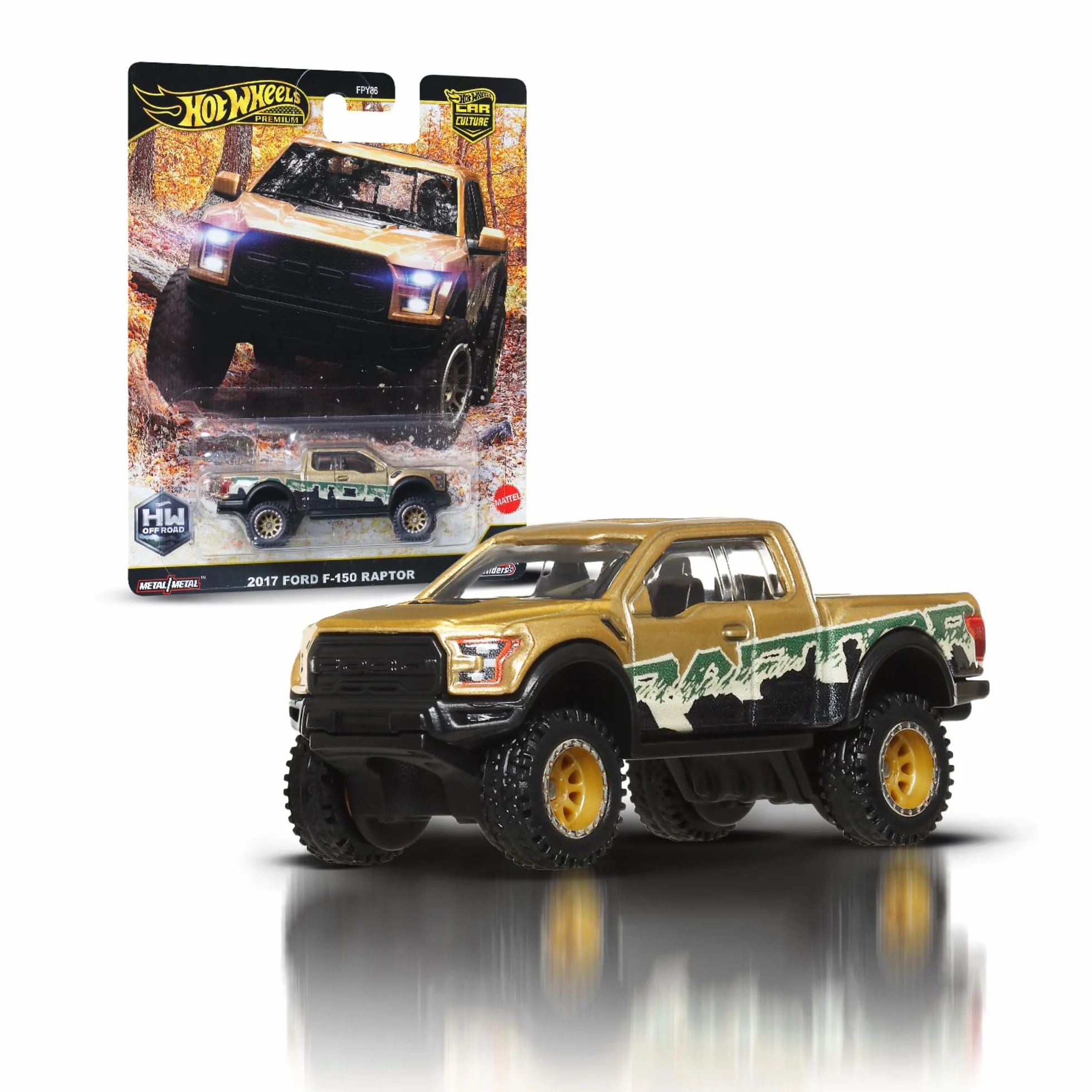 Hot Wheels Premium Car Culture Kultowe auta Off Road ’17 Ford F150 Raptor Metalowy samochód zabawka w skali 1:64 z oponami Real Riders, JBK70