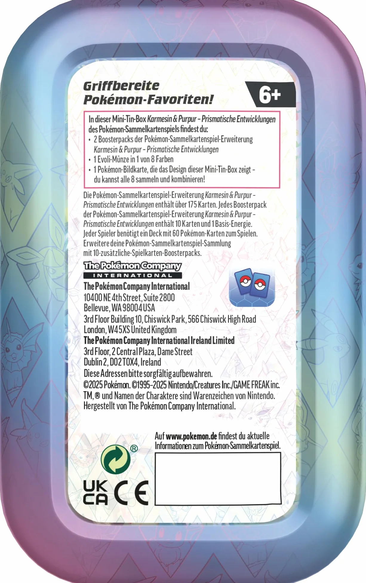 Pokémon - Gra karciana kolekcjonerska: Mini-Tin-Box Karmesin & Purpur – Pryzmatyczne zmiany: Feelinara (2 boosterpacks i 1 moneta)