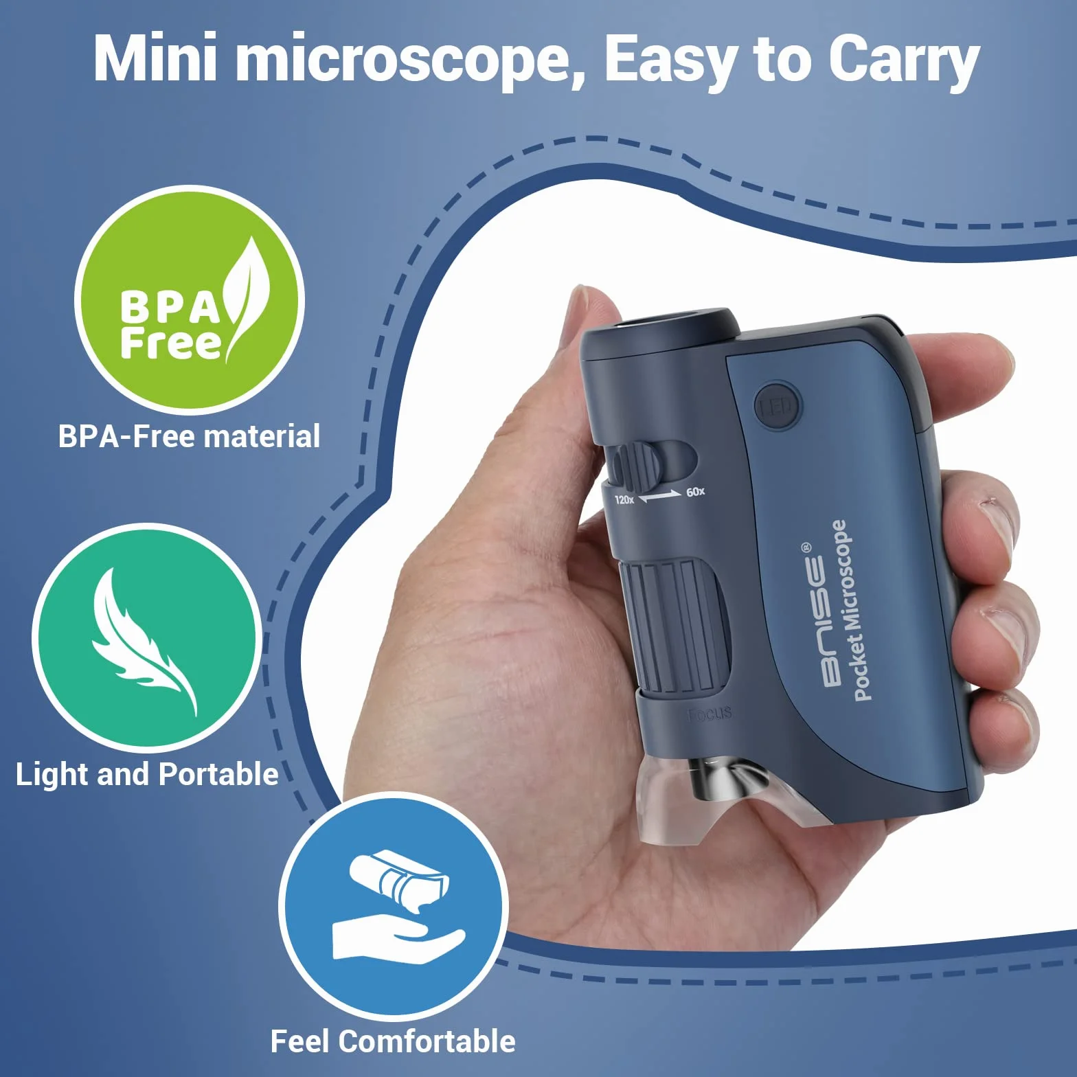 Mikroskop kieszonkowy dla dzieci, mikroskopy ręczne 60-120-krotne powiększenie z diodami LED, przenośny mini mikroskop z 5 szt. szkiełek mikroskopowych do nauki, edukacji i odkrywania