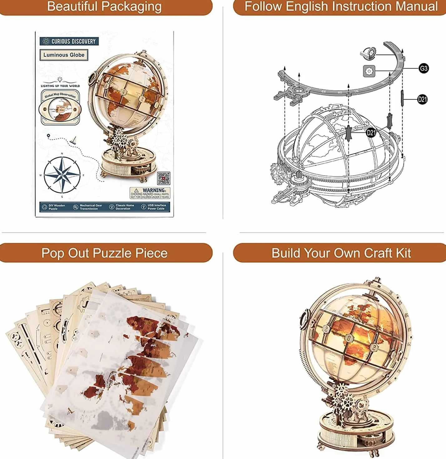 ROWOOD Puzzle 3D świecące globusy zestaw do budowania dla dorosłych drewniane lampki nocne LED zrób to sam wystrój domu wyjątkowy prezent na Boże Narodzenie urodziny