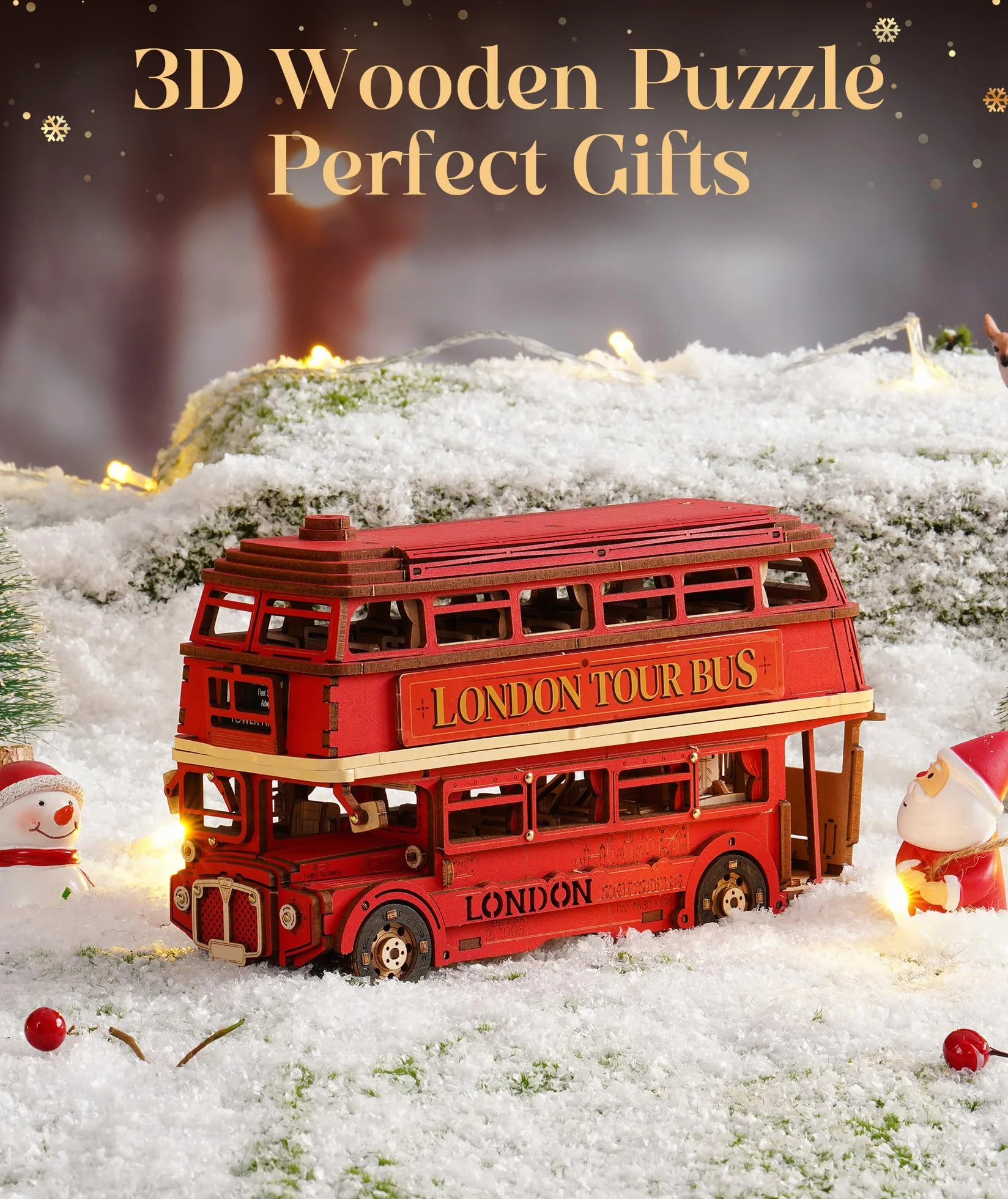 ROWOOD Drewniane puzzle 3D London Tourbus, kreatywny zestaw modelarski dla dorosłych do budowania