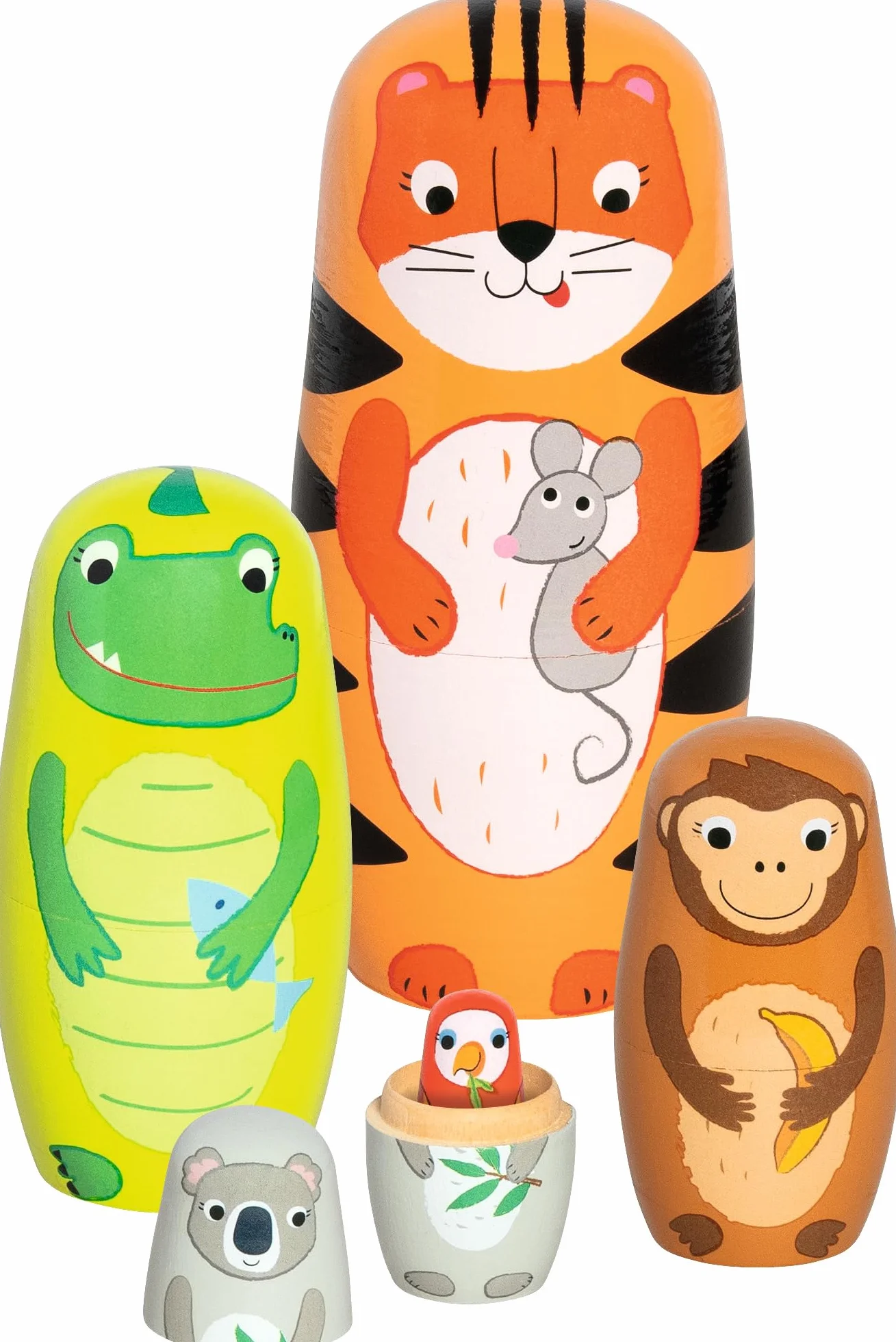 Matroschka Puppen, Tiger Tavi und seine Freunde: Tiger: Höhe: 14,5 cm, Ø 6,5 cm, Holz, 5 Figuren, per Set
