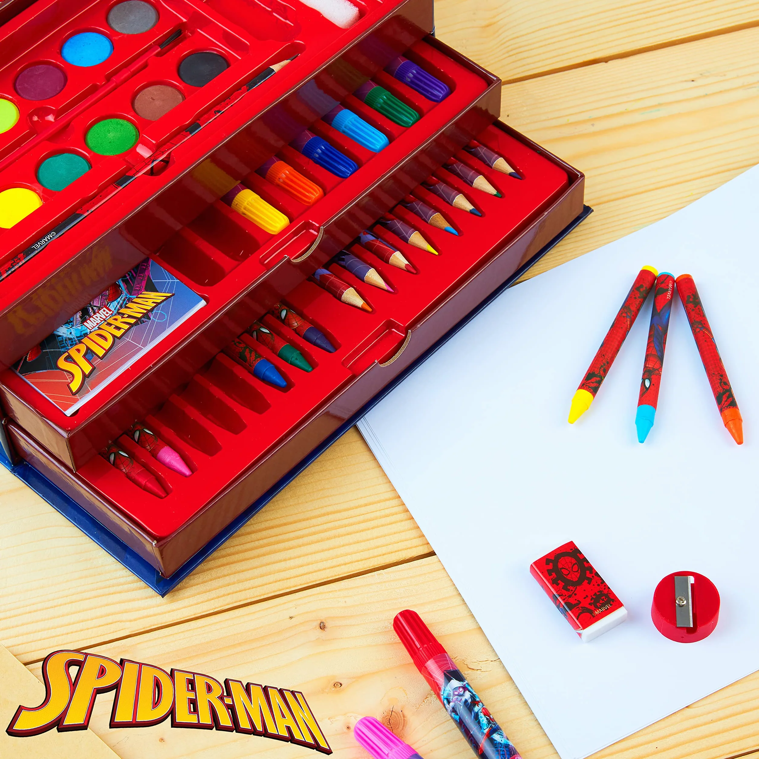 Marvel Etui artystyczne dla dzieci z kolorowymi ołówkami, markery, kredki, akwarele, materiały do rysowania, podróżny zestaw artystyczny, prezenty dla dzieci (wielokolorowy Spiderman)