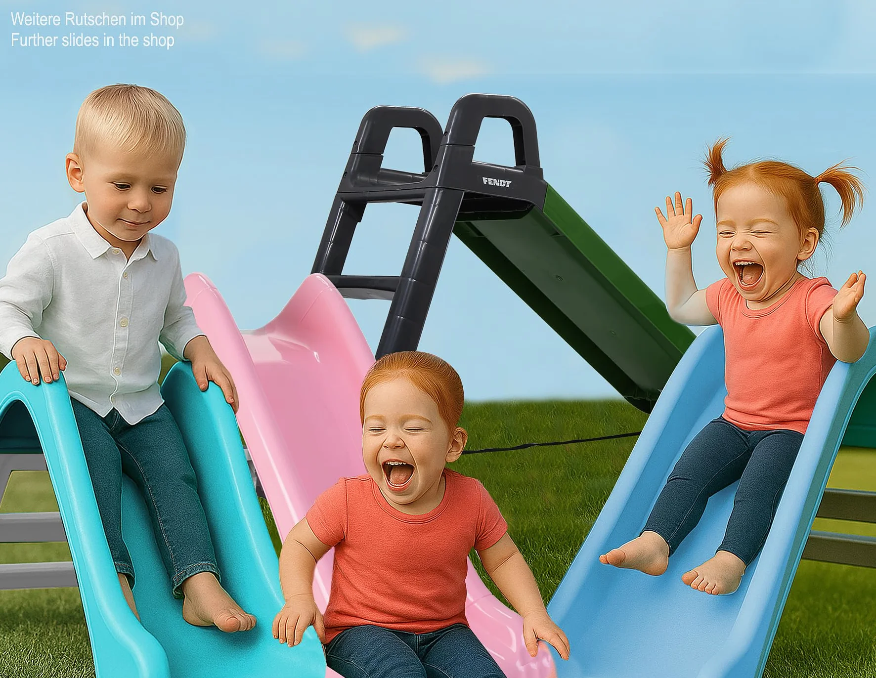 JAMARA 460502 - zjeżdżalnia Funny Slide – wykonana z wytrzymałego tworzywa sztucznego, wylewka antypoślizgowa do delikatnych lądowań, szerokie stopnie i uchwyty bezpieczeństwa, linka stabilizująca,