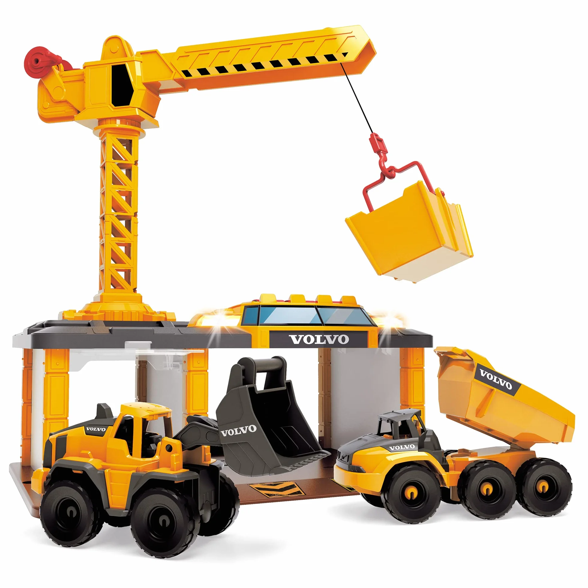 Dickie Toys 203726009 VOLVO Stacja budowlana i pojazdy budowlane koparka, wywrotka, dźwig obrotowy 360°, zestaw plac budowy, światło i dźwięk, prezent dla dzieci od 3 lat, wymiary 22x34x39 cm