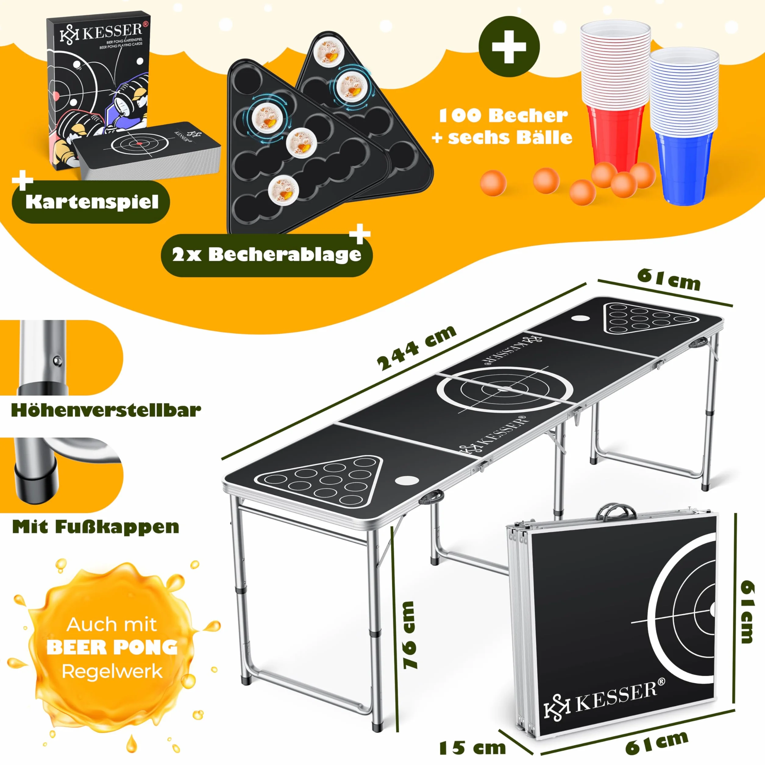 KESSER Beer Pong zestaw karcianych (50 czerwonych i 50 niebieskich), 6 piłek + linijki do gry na imprezę, regulowana wysokość, składany