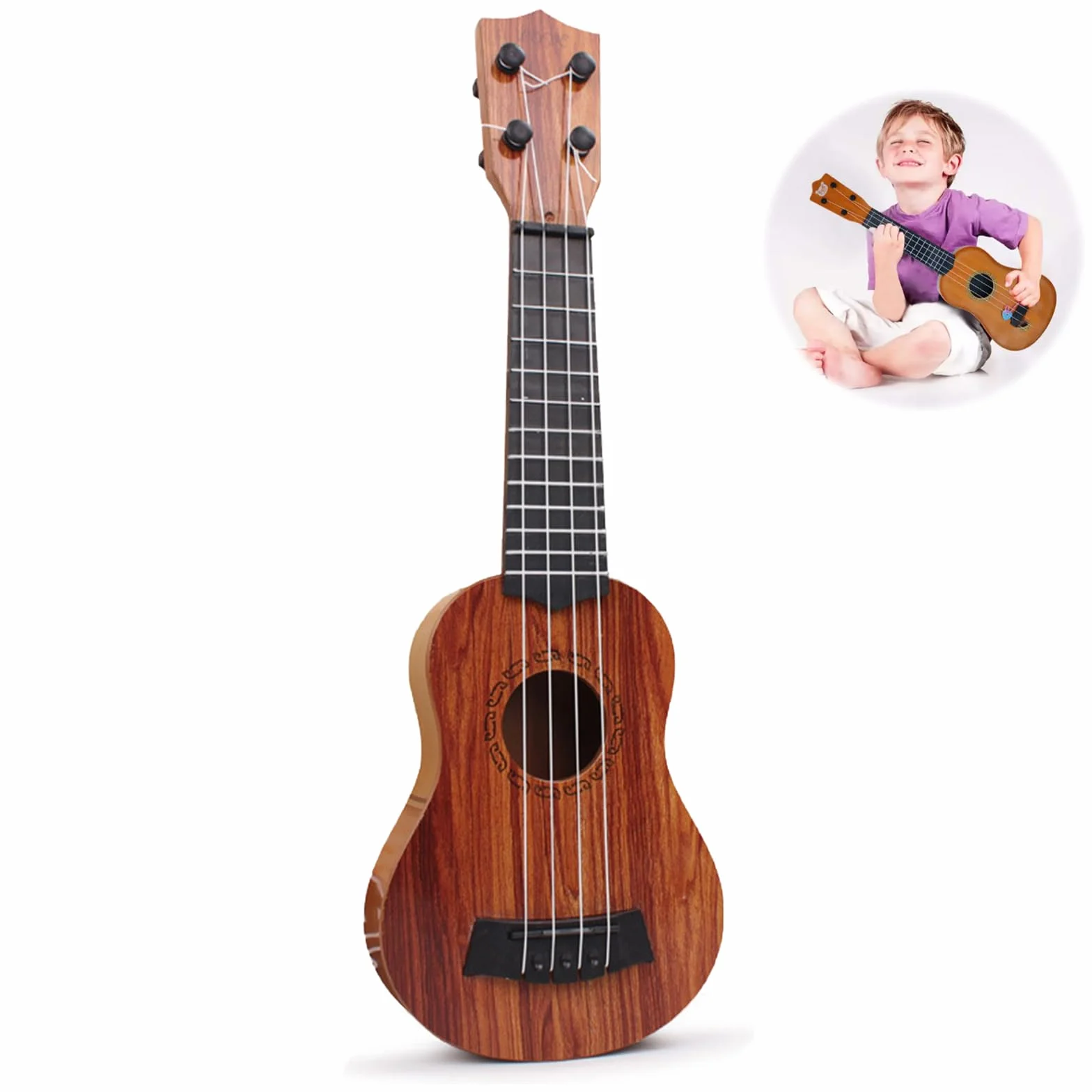 Gitara dziecięca z drewna, 44 cm, zabawka, gitara dla dzieci od 3 lat, z 4 regulowanymi bokami, dla małych dzieci, początkujących, chłopców, dziewcząt, instrumenty muzyczne