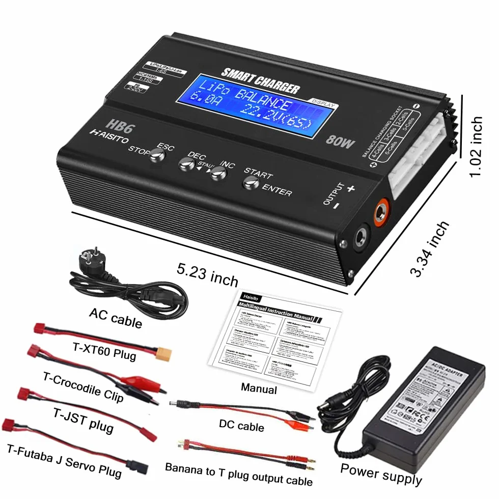 Haisito Lipo ładowarka wyważająca 80W 6A do akumulatorów LiPo/Li-ION/LiFe (1-6S) i NiMH/NiCd (1-15S), ładowarka RC z wyświetlaczem LED, zasilaczem i adapterami XT60/Deans/JST/Futaba
