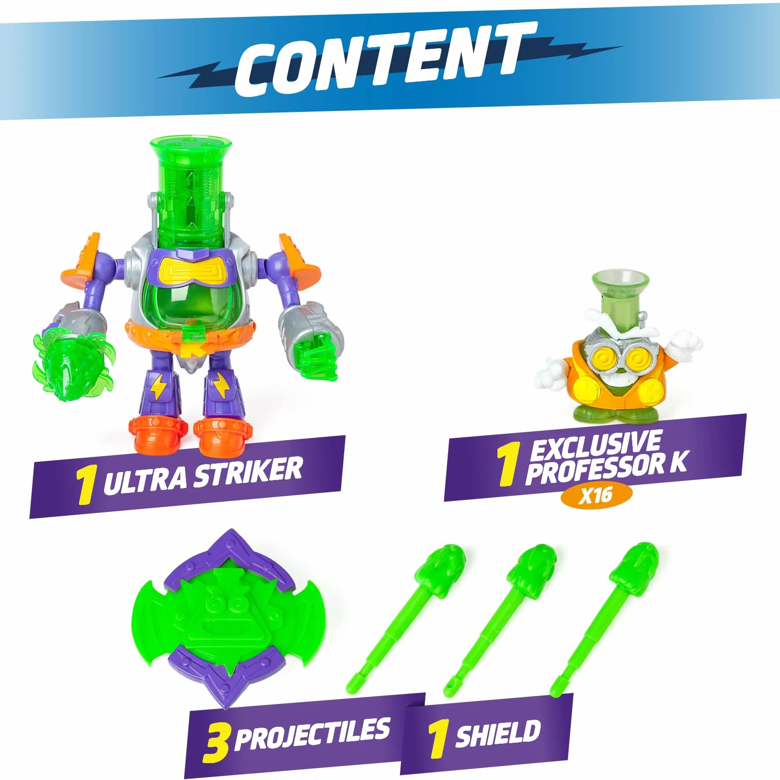 SuperThings, Ultra Striker, profesor K.Robot Ultra Striker, profesor K z serialu SuperThings Kazoom Power; zawiera 1 x Ultra Striker Robot, 1 ekskluzywny nauczyciel K, 3 muszle, 1 x akcesorium