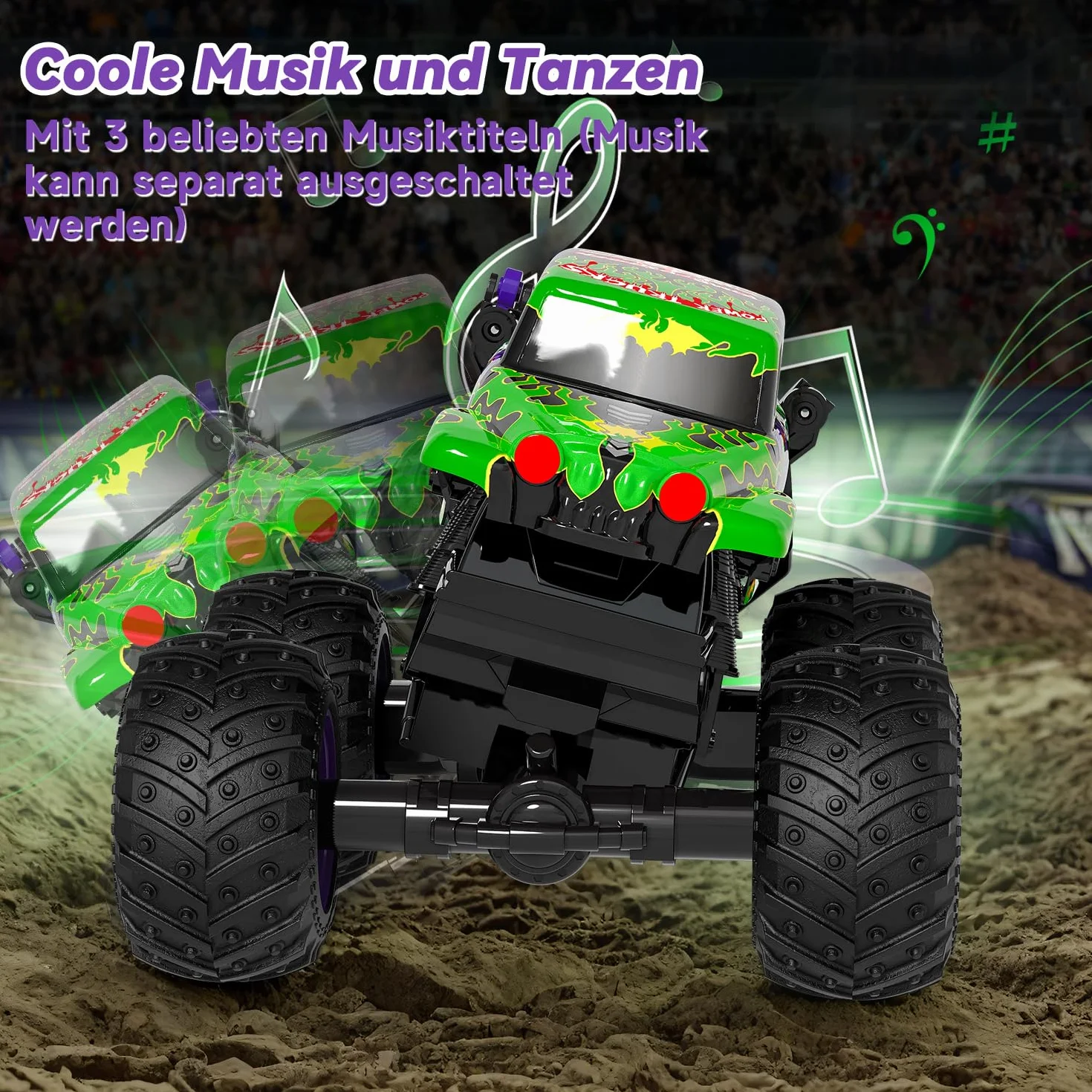 Monster Truck zdalnie sterowany, 20 km/h, Monster Truck ze światłem i muzyką, 2,4 GHz zdalnie sterowany samochód z obrotem 360°, 1/20 Monstertruck z 100 min, 3 4 5 6 7 8 lat chłopiec