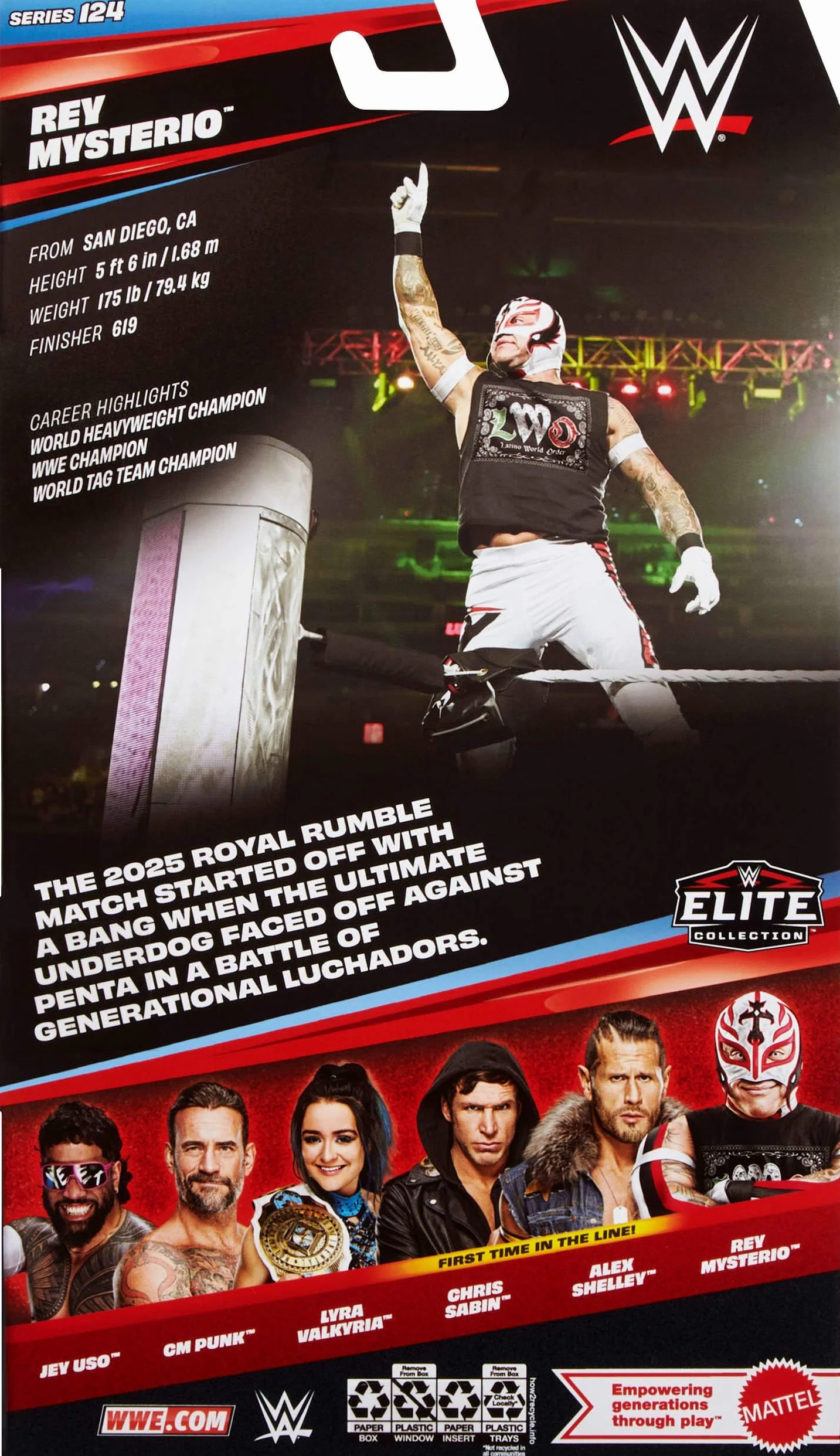 Mattel WWE Elite Collection Rey Mysterio Figurka i akcesoria Zestaw, Seria #125, figurka (ok. 15 cm w skali) do kolekcjonowania, 25 punktów ruchu i wymienne dłonie, zabawka dla dzieci 8+, JHT67