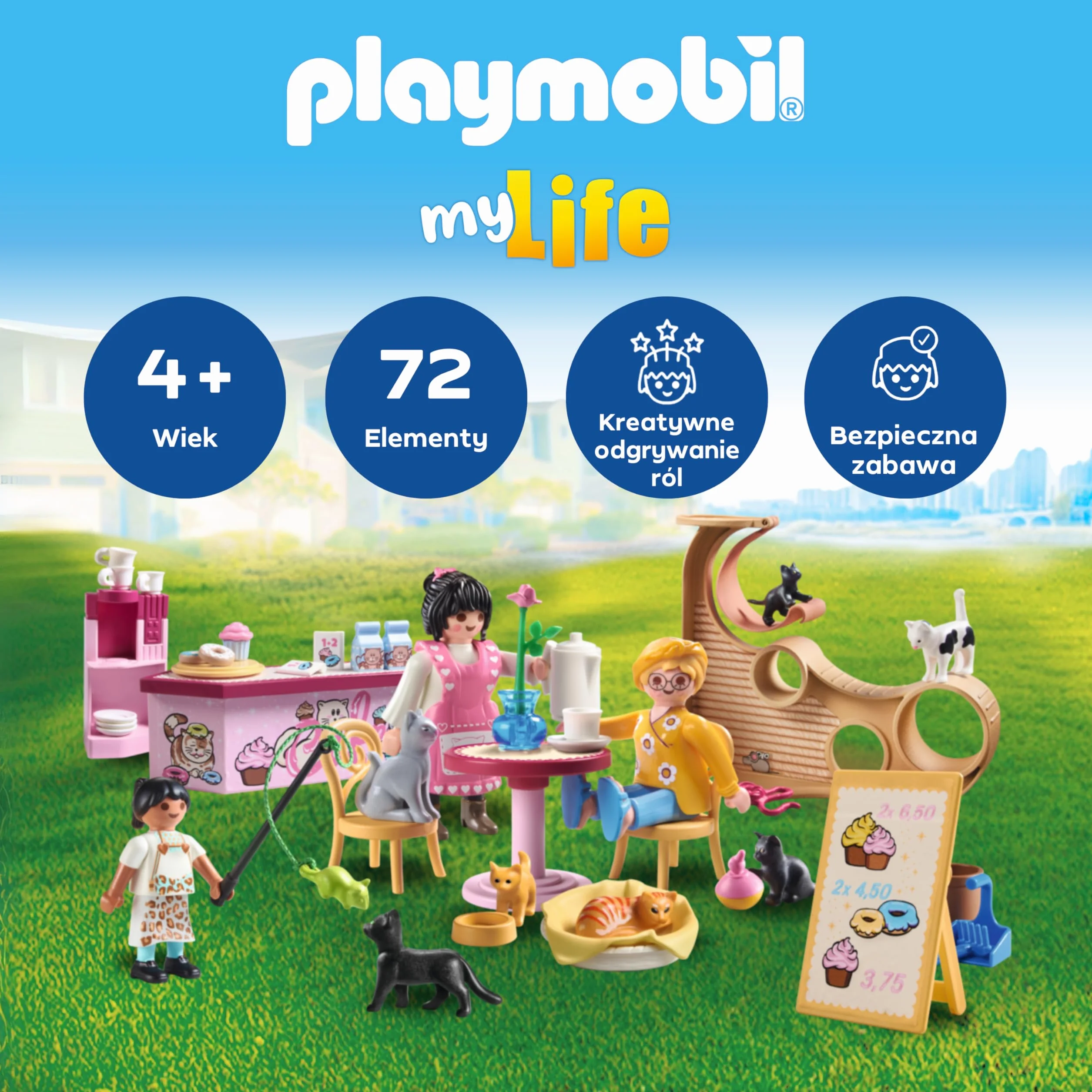 PLAYMOBIL | My Life | Kawiarnia dla kotów | Zabawka dla dzieci | Zestaw z figurkami zwierząt | Zabawka dla dzieci powyżej 4 roku życia | 71744