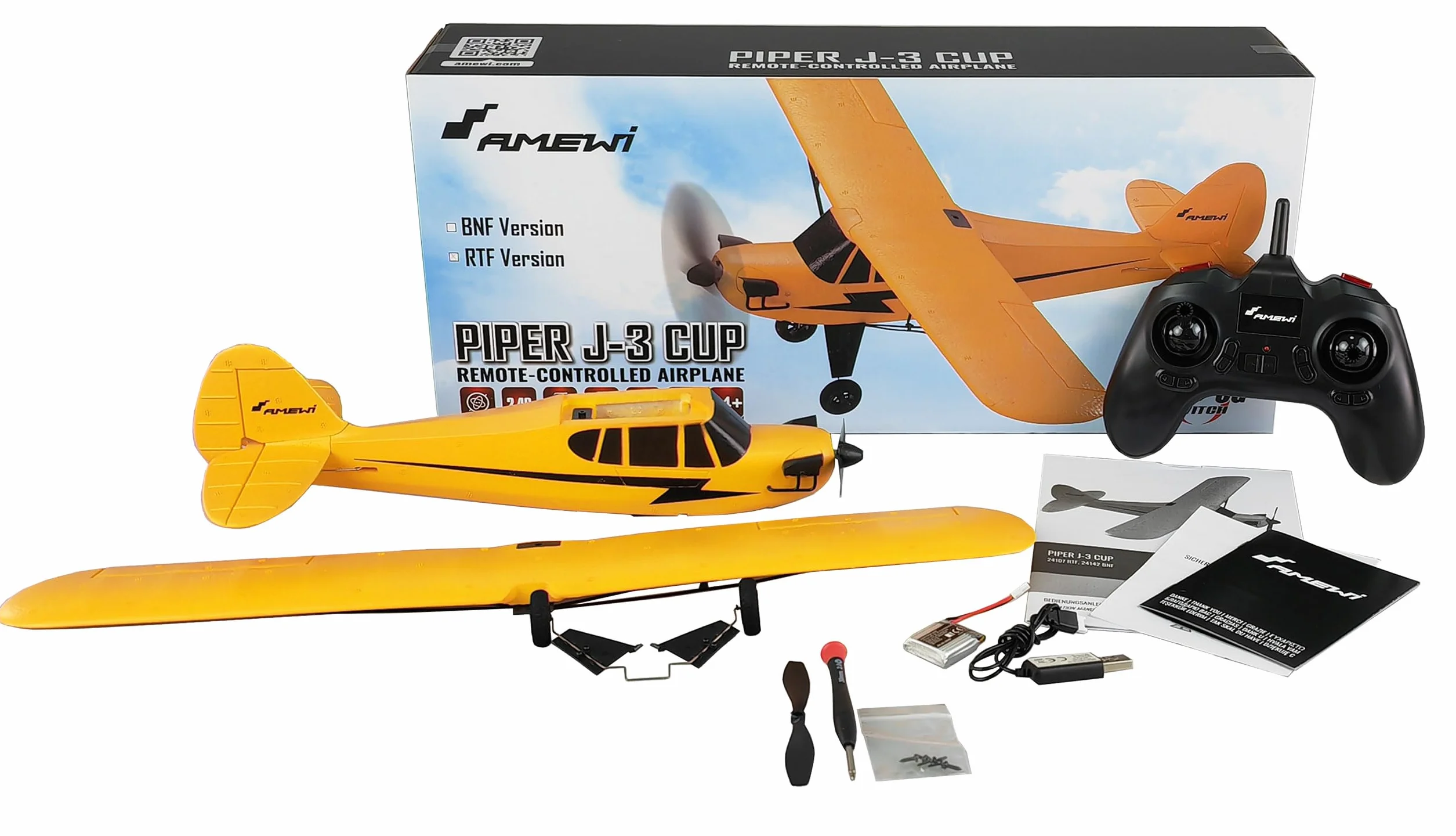 Amewi 24107 Piper J-3 Cup czerwony/biały, samolot RC, zdalnie sterowany, 3-kanałowy RTF, żyroskop, tryb 2