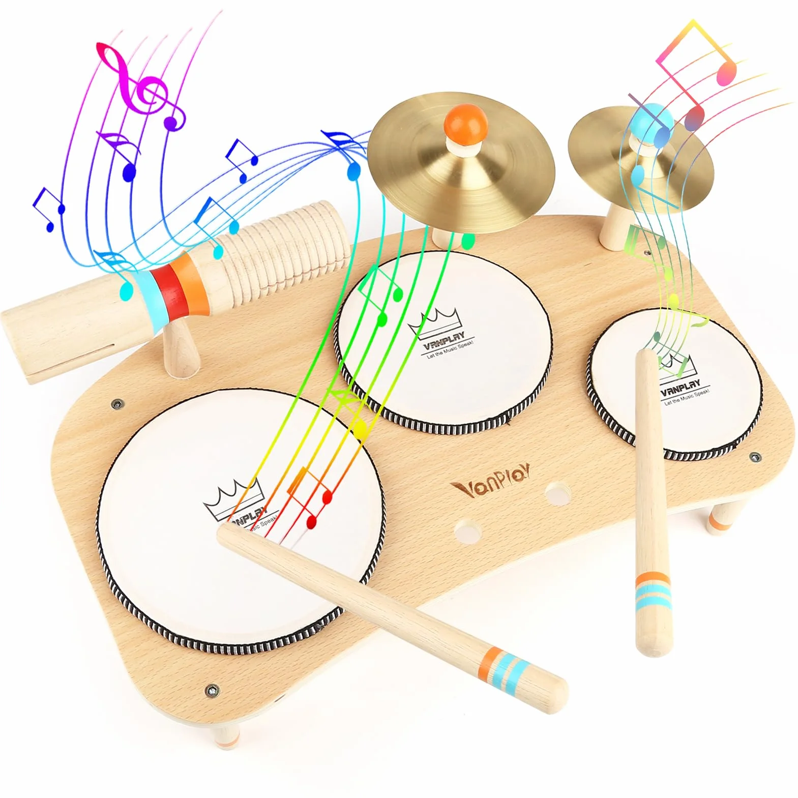 Vanplay Zabawka drewniana perkusja dla dzieci, bęben 8 w 1, instrumenty muzyczne, zabawka dla dzieci od 3, 4, 5 lat, dla chłopców i dziewczynek, zabawka Montessori