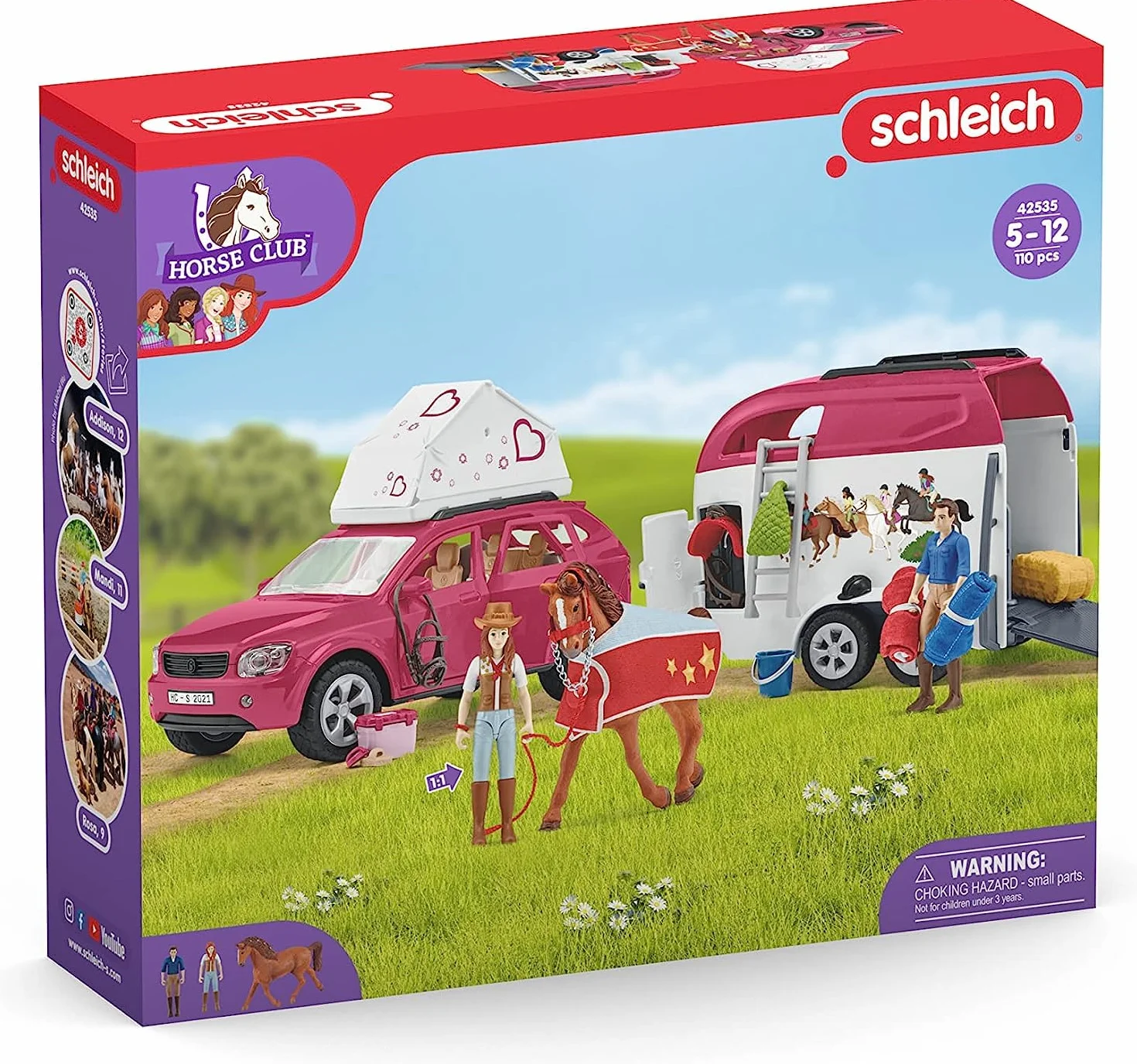 schleich HORSE CLUB | Podróż samochodem z przyczepą dla koni 42535 | z Hannah, tatą, koniem i akcesoriami | Prezent dla dziewczynek i chłopców | Zestaw konny od 5 lat | 110 elementów