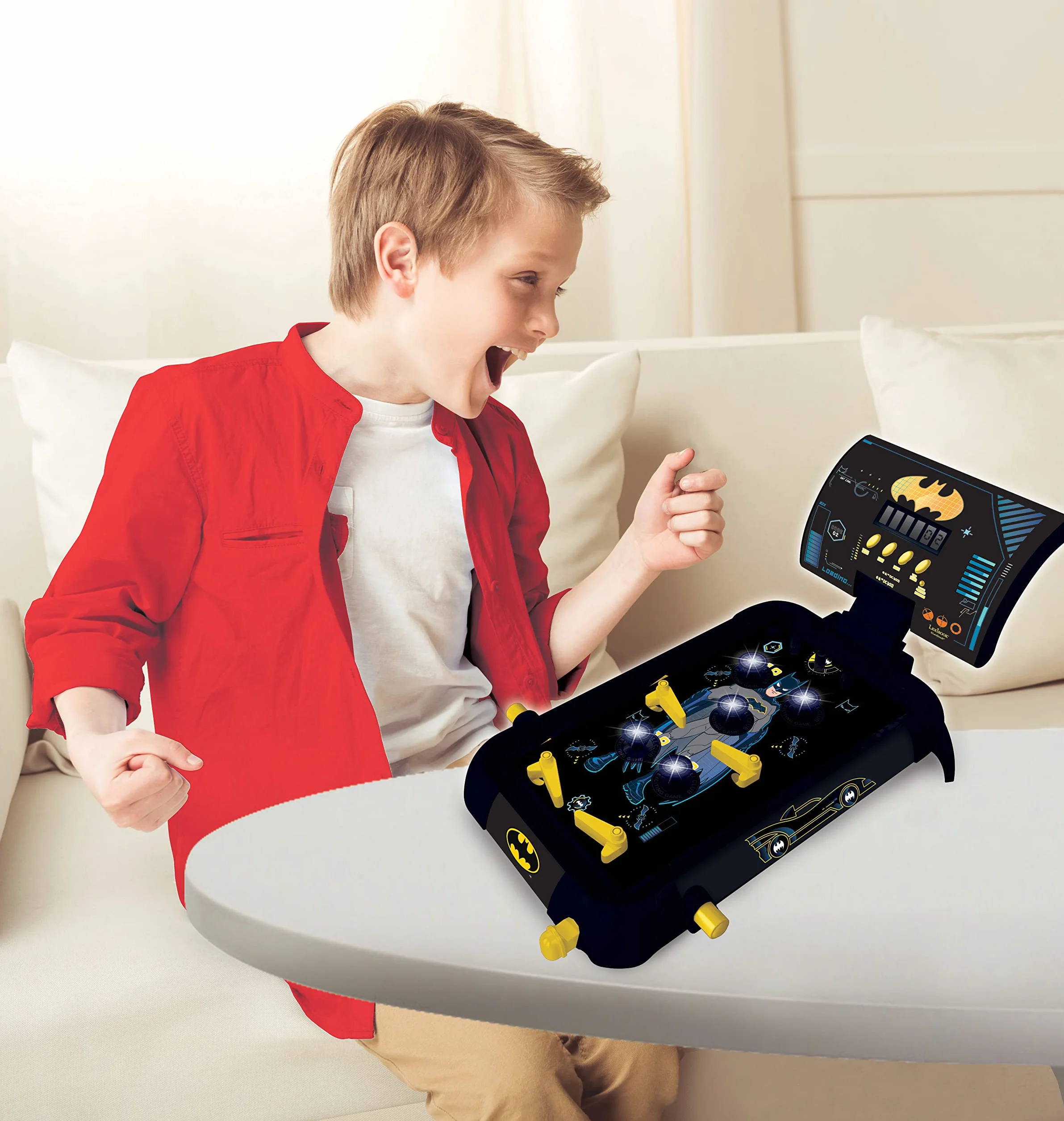 Lexibook JG610BAT Batman Elektroniczna Maszyna do Pinballa, Zabawne Dźwięki i Efekty Świetlne, 5 Przeszkód, Działa z 3 Bateriami Lr14, Czarny, Żółty