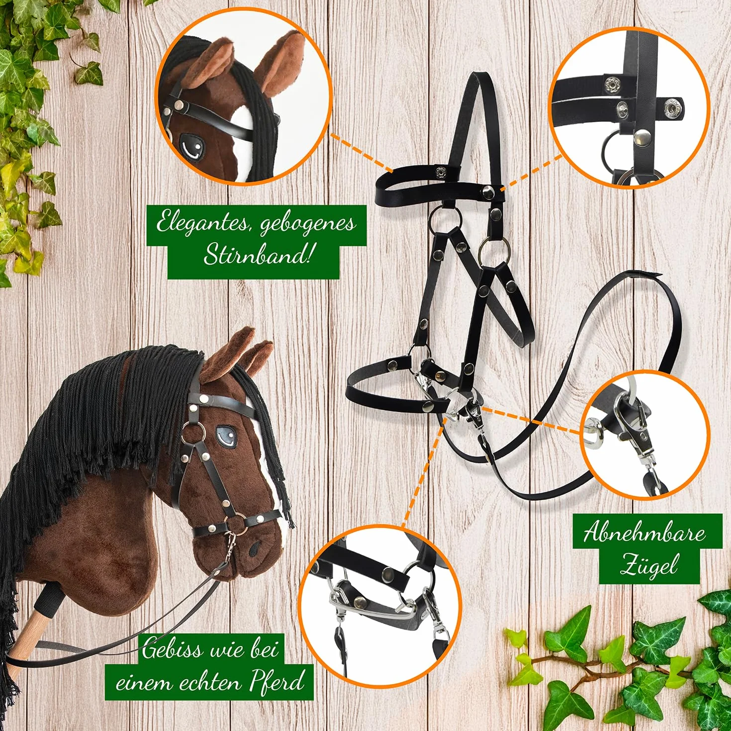 Hobby Horse Bai Brązowe Czarne Włosy. Kompletny kij koń z siatką, mors, sterem i floką. kij do hobby koni dla dzieci i młodzieży