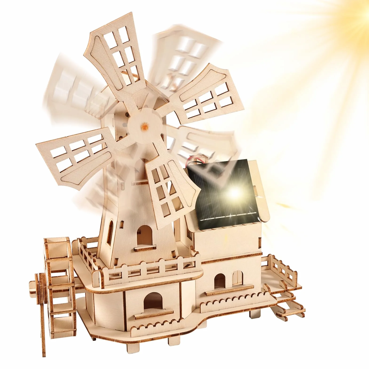 3D puzzle drewniane Dom z wiatrakami solarnymi - zestaw do majsterkowania DIY dla dorosłych - zestaw budowy modelu z obracającą się turbiną wiatrową zasilaną energią słoneczną | W tym