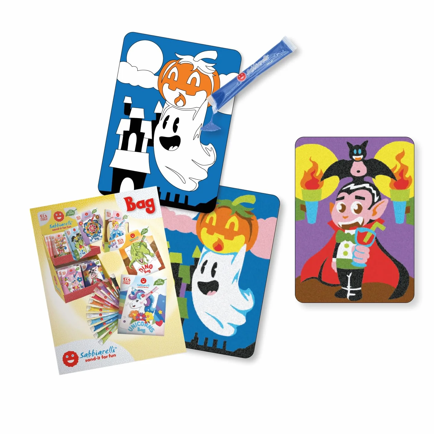 Sabbiarelli Sand-it For Fun – Bag Halloween | Mini Kit Sand Art z Motywem Halloween 100% Made in Italy z Kolorowym Piaskiem i Rysunkami Samoprzylepnymi | Dzieci 5-12