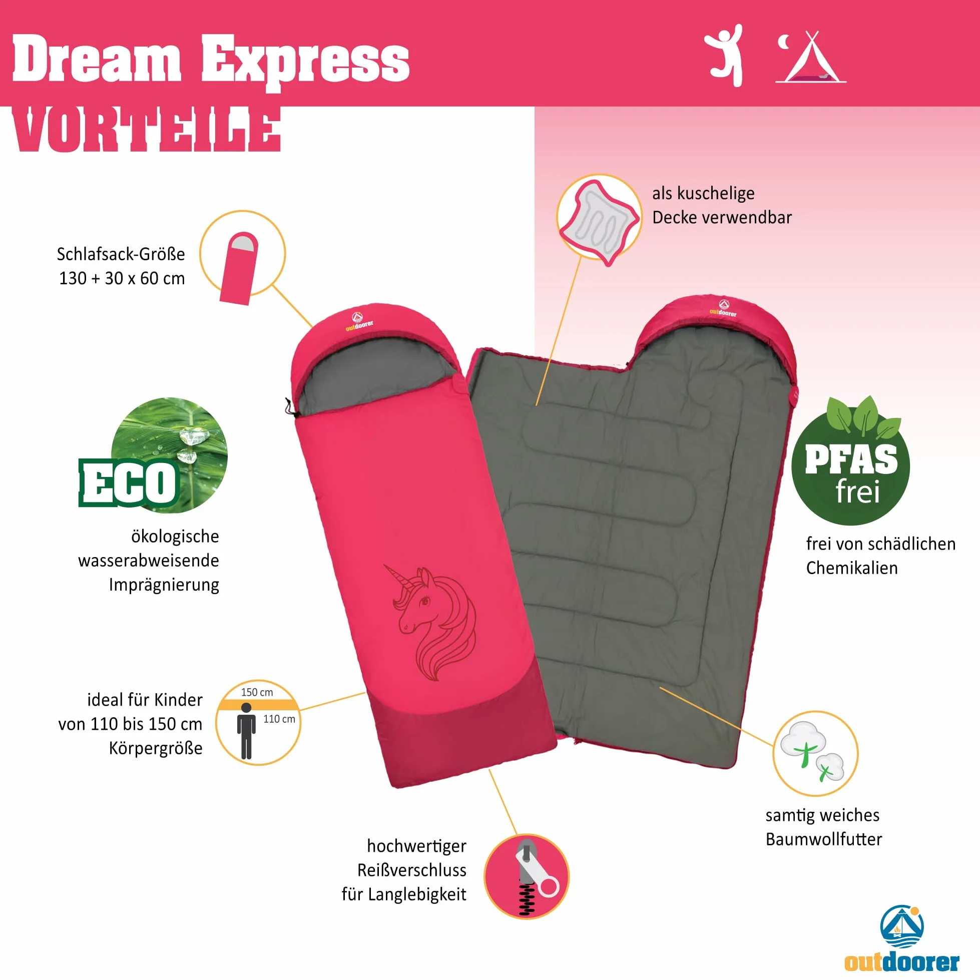 outdoorer Śpiwór dziecięcy Dream Express – śpiwór dla dzieci, z podszewką bawełnianą