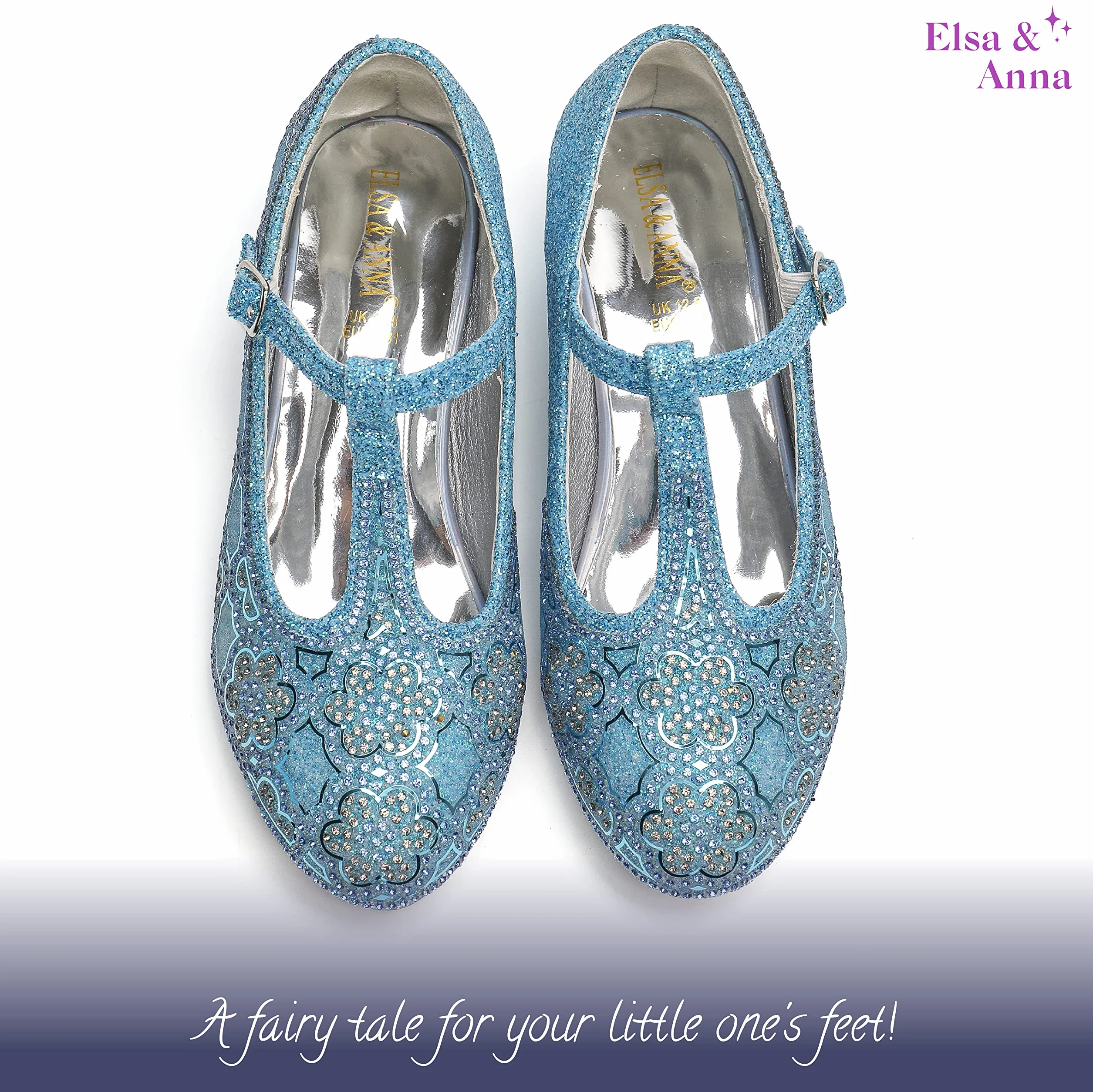 ELSA & ANNA Buty dla księżniczki Snow Queen – 3 cm buty do przebrania księżniczki na obcasie, błyszczące i kryształowe, fantazyjne buty do przebrania Elsy na imprezy i urodziny, cosplay, dla dzieci, wysokie obcasy (SIL21)
