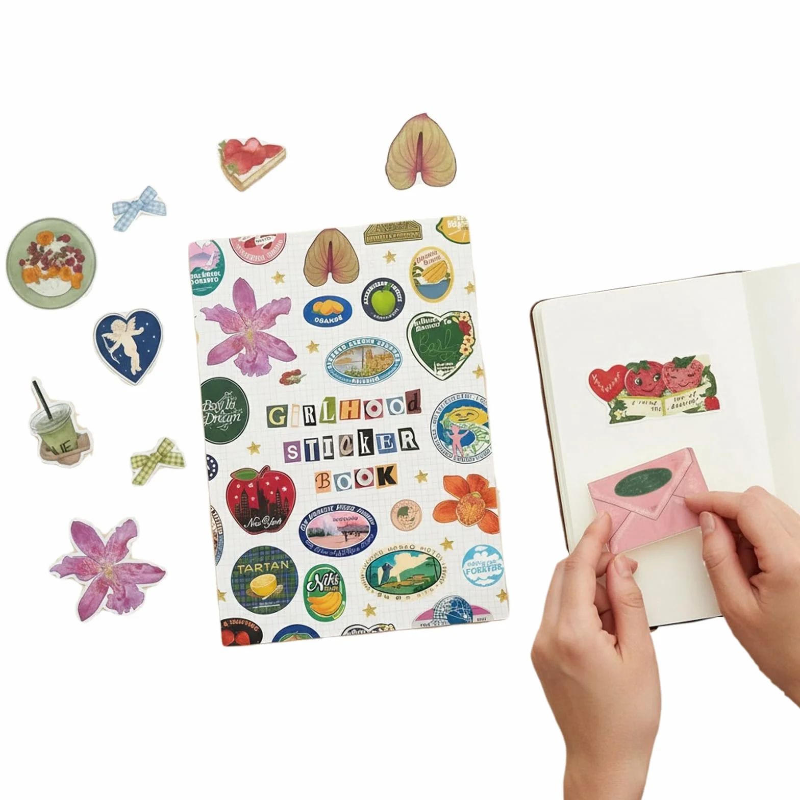 CHANGYUE Książka z naklejkami Girlhood 1000+ estetycznych naklejek z wielobarwnymi wzorami Owocowe ikony Pastelowe litery Naklejki do scrapbookingu Dziennik Nastolatki Studenci Dorośli