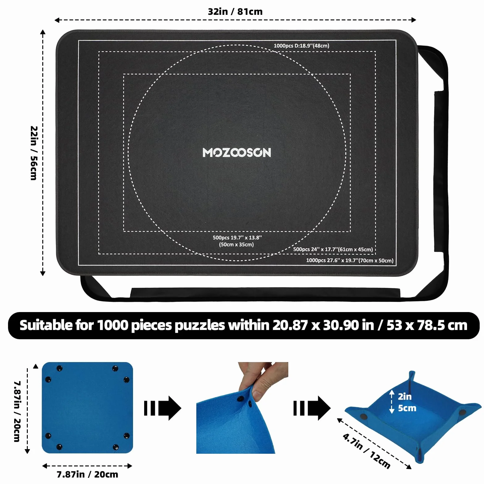 Mozooson Plansza do układania puzzli 1000 sztuk, przenośna mata do puzzli, 32 x 50 cm, antypoślizgowa powierzchnia do układania puzzli, prezent do przechowywania puzzli (6 tac sortujących + 1 okładka)