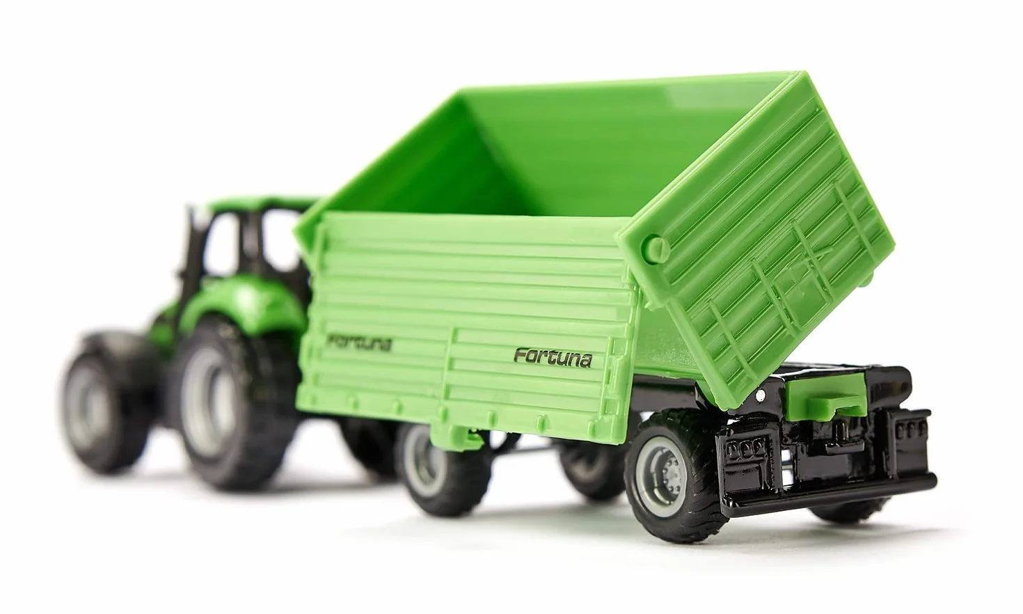 Siku 1606, Traktor DEUTZ-FAHR z 2-osiową przyczepą Fortuna, Zabawkowy traktor, Metal/plastik, Zielony, Zdejmowana kabina, Przechylna skrzynia, Przyczepa z gumowymi kołami, Zaczep