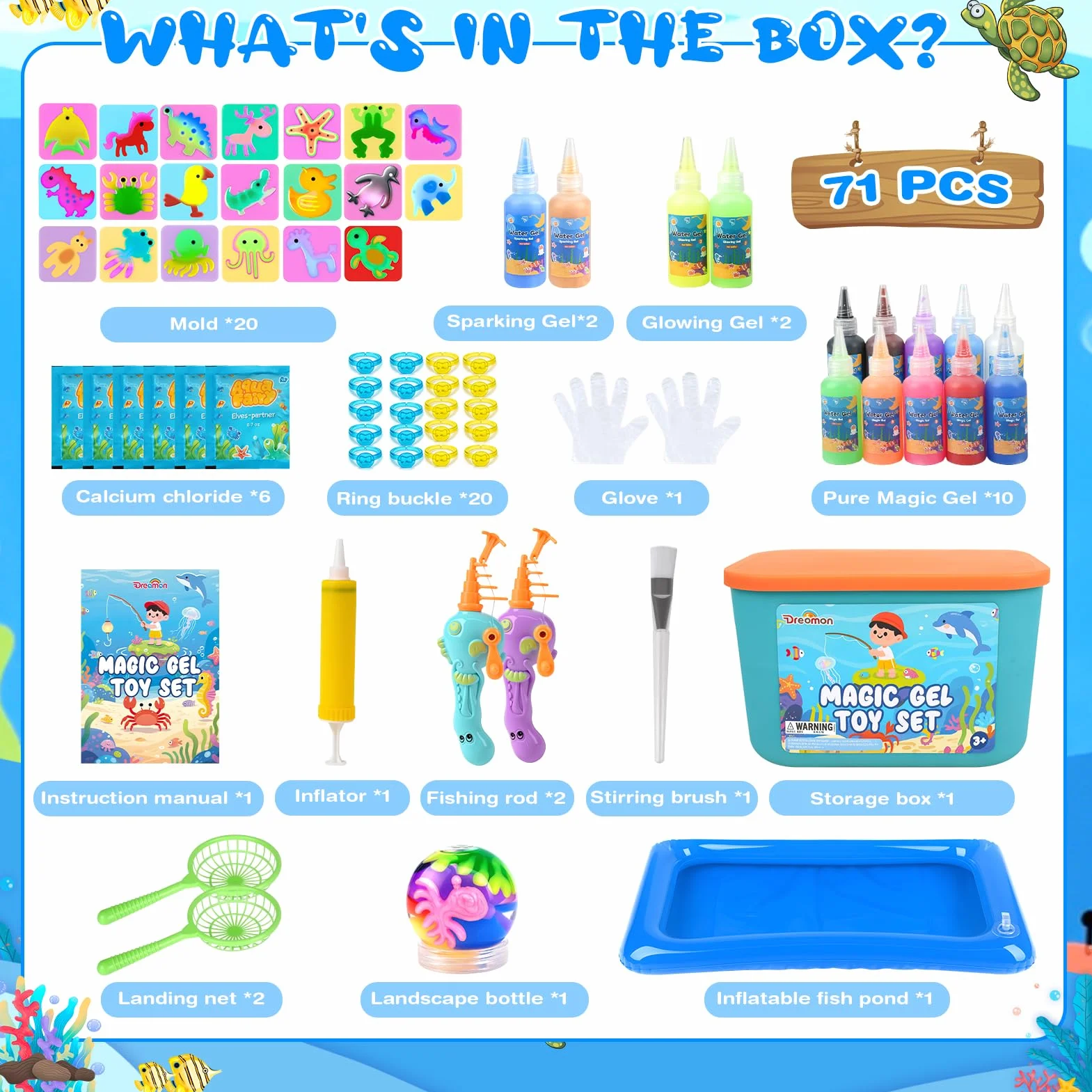 Dreamon Aqua Fairy zestaw do wędkowania, 71 szt., Magic Gel Water Kit z 14 kolorami, 2 wędkami i 20 foremkami, zestaw DIY Magic Jelly dla dzieci od 3 lat, prezent dla chłopców i dziewczynek
