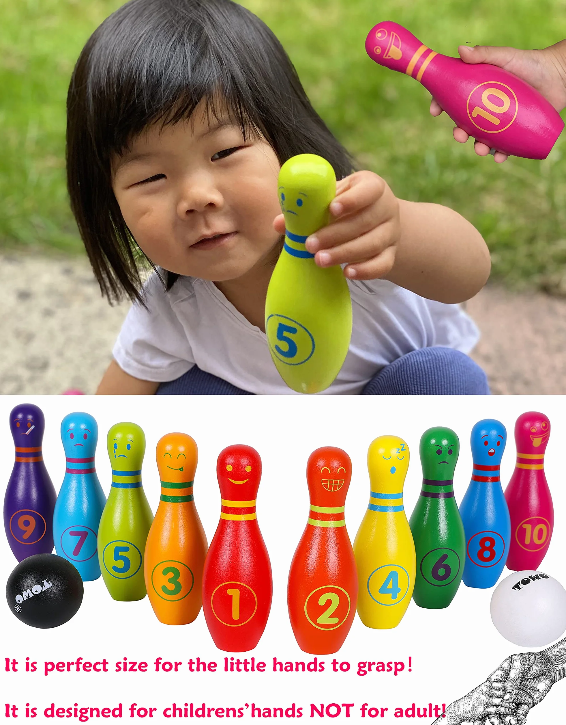 TOWO Skittles drewniane dla dzieci - drewniane Skittle Set z twarzy emocji i numery - 10 Pin Bowling Zestaw dla dzieci kryty i zabawki ogrodowe - drewniane zabawki dla 2 lat Maluch