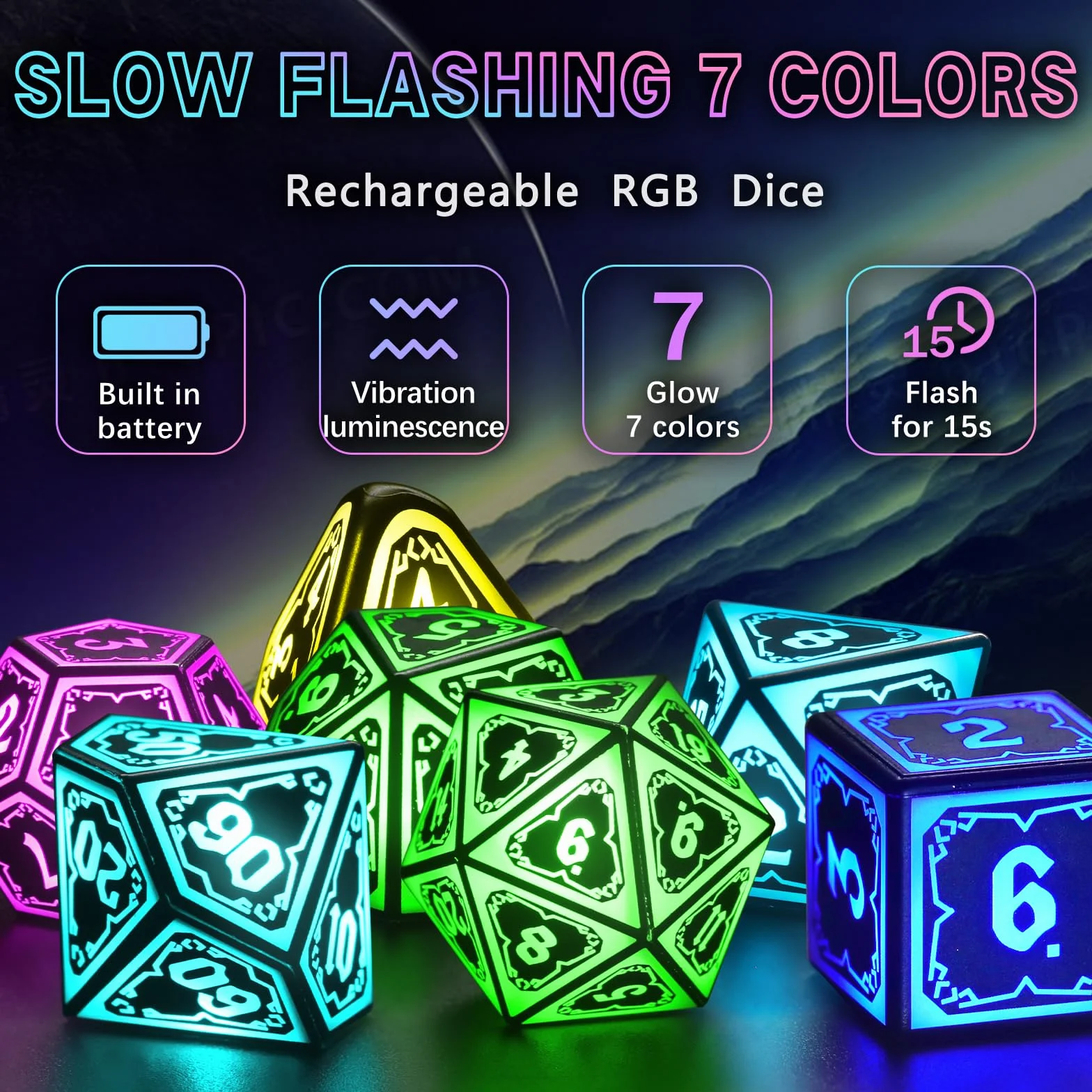 Bezprzewodowe świecące kości D&D RGB do Dungeons and Dragons, fajne kości LED DND z ładowarką, ładowalne, 7 kolorów, wielościenne kości do odgrywania ról, prezenty DND, RPG, (Astral Shard Black)