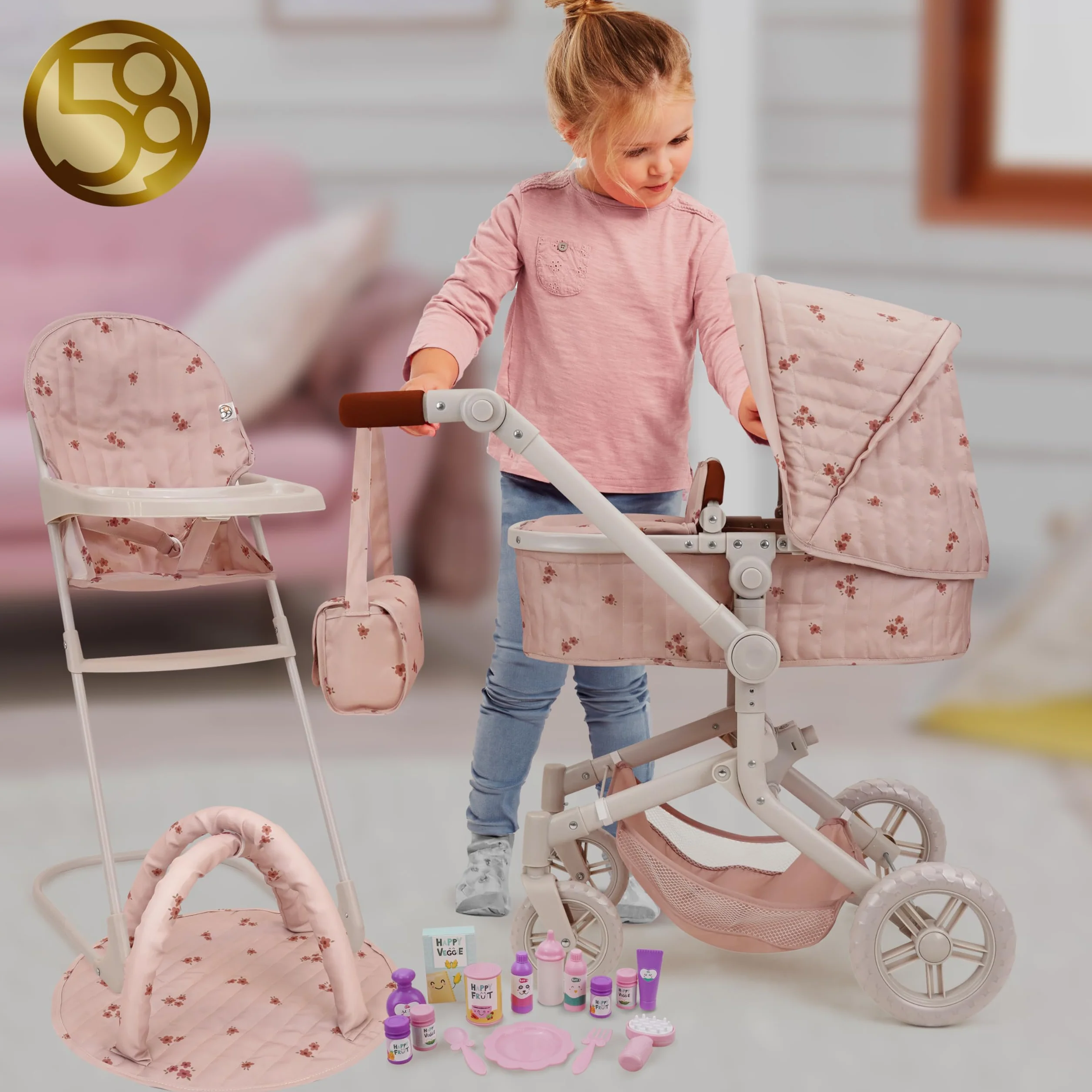 509 Zestaw 19 szt. City Park Doll Pram n Play, Multi Play Doll Pram Stroller, High Chair, Activity Gym, Changing Bag, 15 sztuk, akcesoria do lalek 53 cm, dla dzieci w wieku 3+