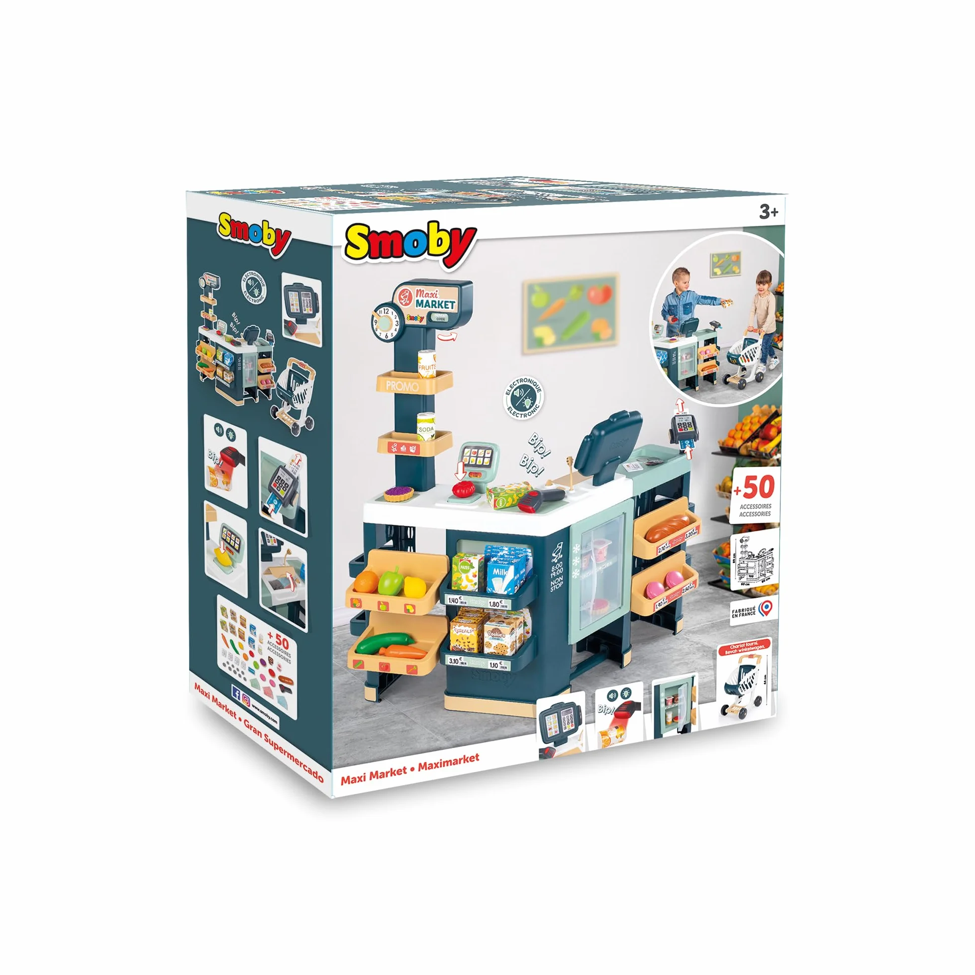 Smoby - Maxi Market - Supermarket dla dzieci - Wózek, półki, pudełka, warzywa, owoce - Strefa chłodnicza - Liczne akcesoria - Od 3 lat - Wyprodukowano we Francji