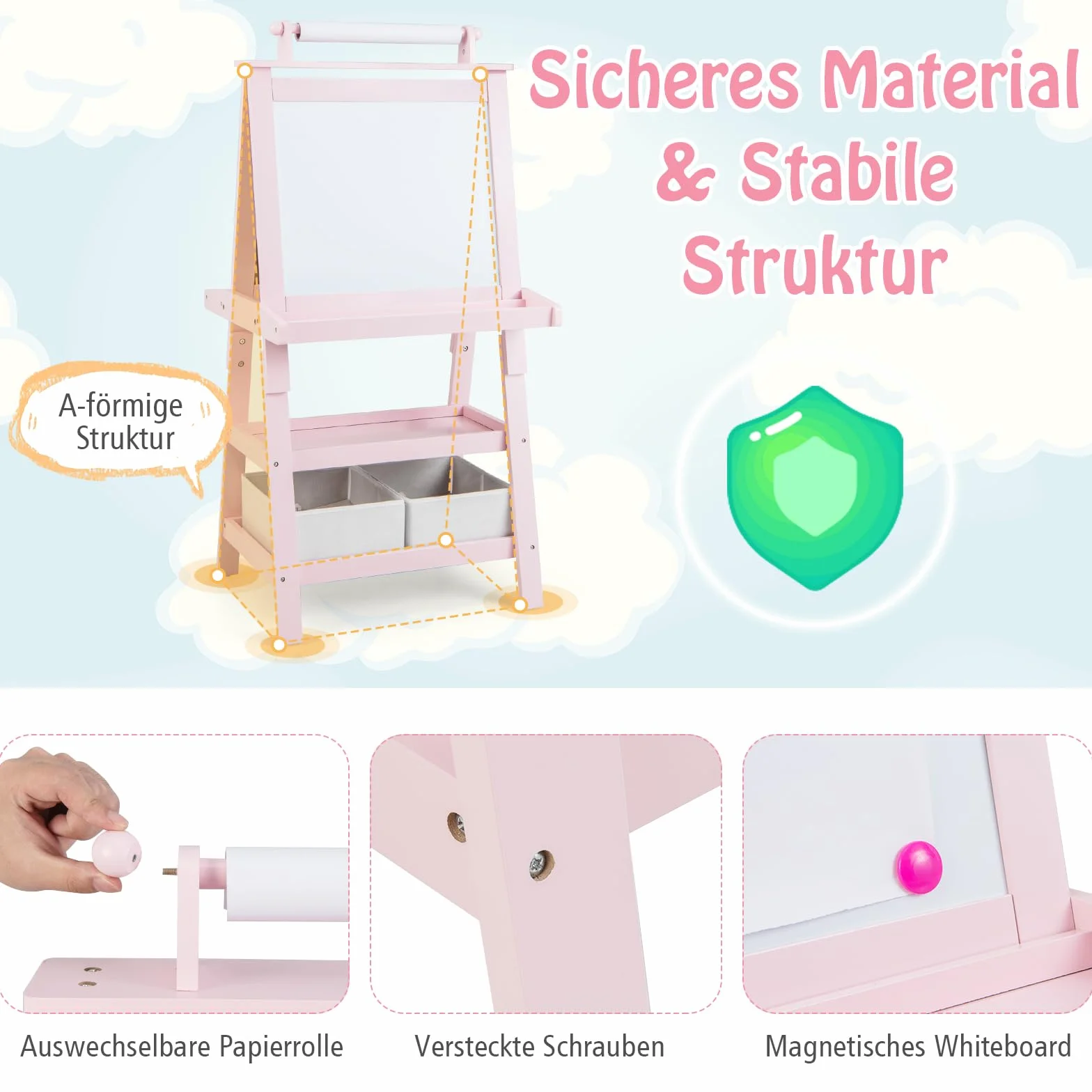 COSTWAY Sztaluga dziecięca 3 w 1, dwustronna, tablica suchościeralna, tablica do pisania kredą, papier rysunkowy, stojąca z magnesami, 2 półki regałowe