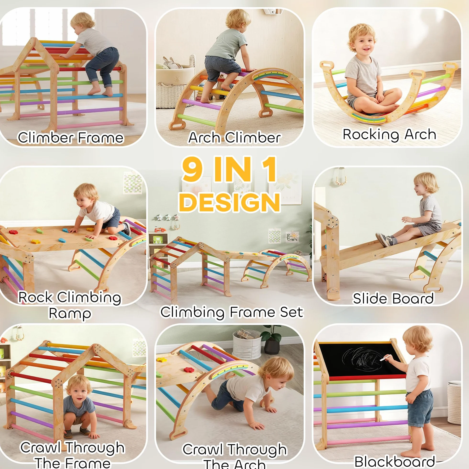 AIYAPLAY Climbing Frame for Toddlers Indoor Climbing Frame, 9 in 1 Wooden Baby Indoor Playground with Ramp, Slide, Arch, Ladder, Blackboard, Play Jungle Gym Climber for Kids 1.5-4 Years Old