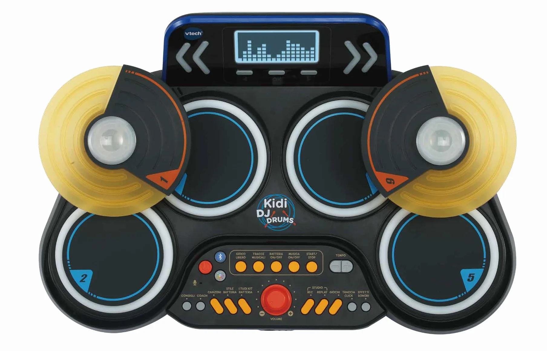 VTech Kidi DJ Drums, elektroniczny akumulator dla dzieci z podkładkami świecącymi, grami muzycznymi, trybem Bluetooth i wbudowanym mikrofonem, pałeczkami w zestawie, język włoski, baterie w zestawie,