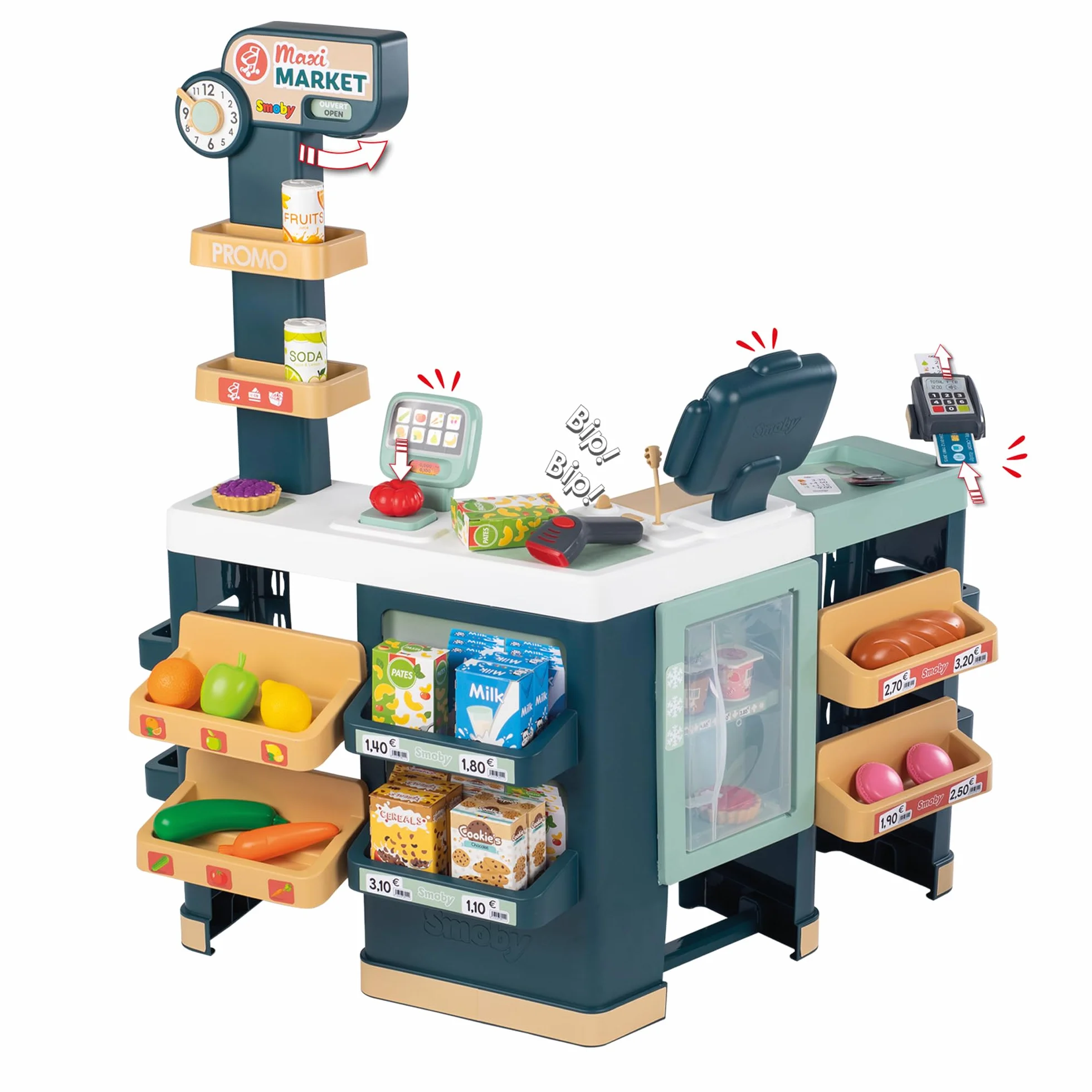 Smoby - Maxi Market - Supermarket dla dzieci - Wózek, półki, pudełka, warzywa, owoce - Strefa chłodnicza - Liczne akcesoria - Od 3 lat - Wyprodukowano we Francji
