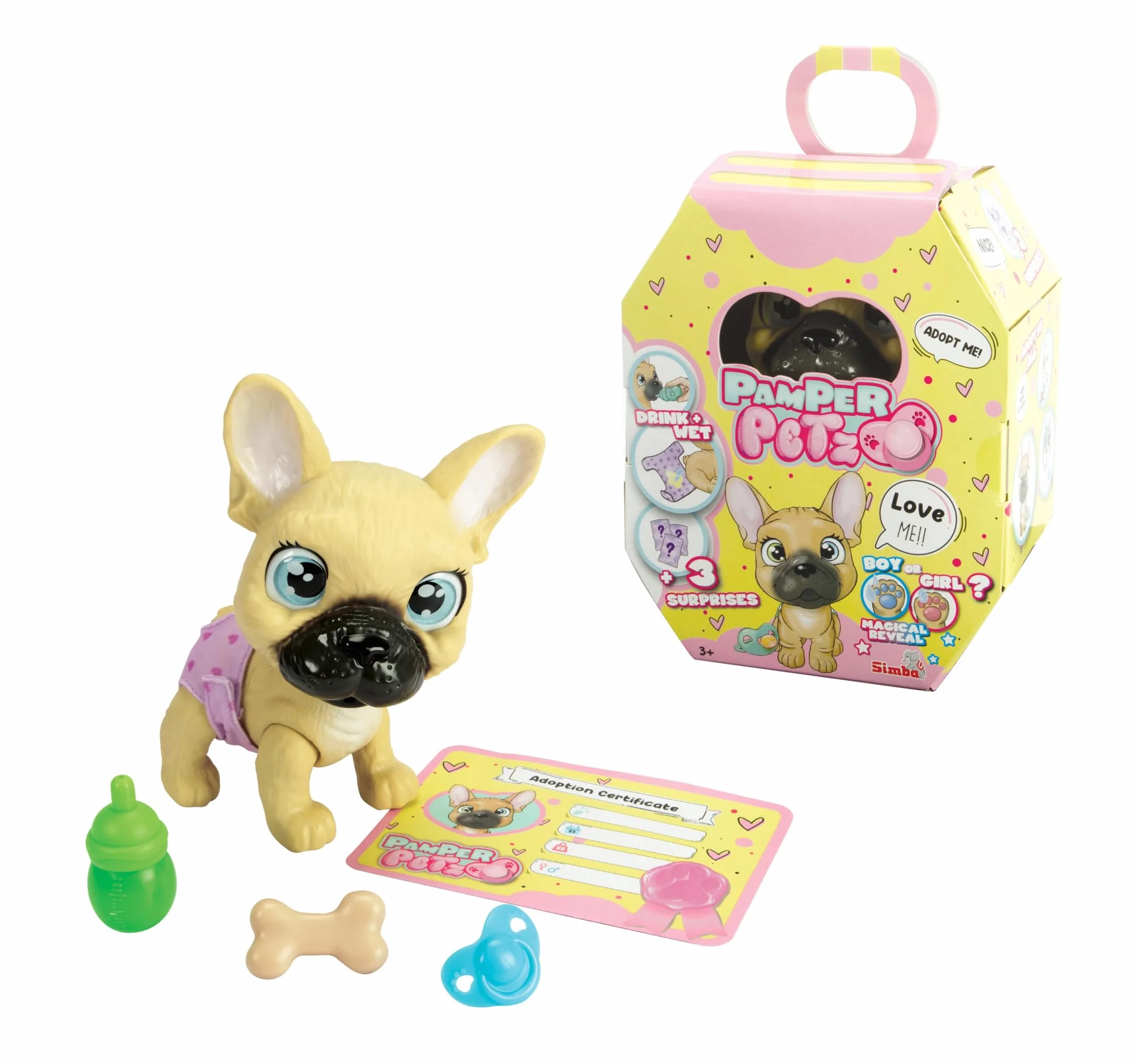 Simba 105950098 Pamper Petz Buldog francuski z funkcją picia i siusiania 15 cm; szczeniaczek z akcesoriami - niespodziankami; magiczna łapka zdradza płeć pupila;zwierzak dla dzieci od 3 lat